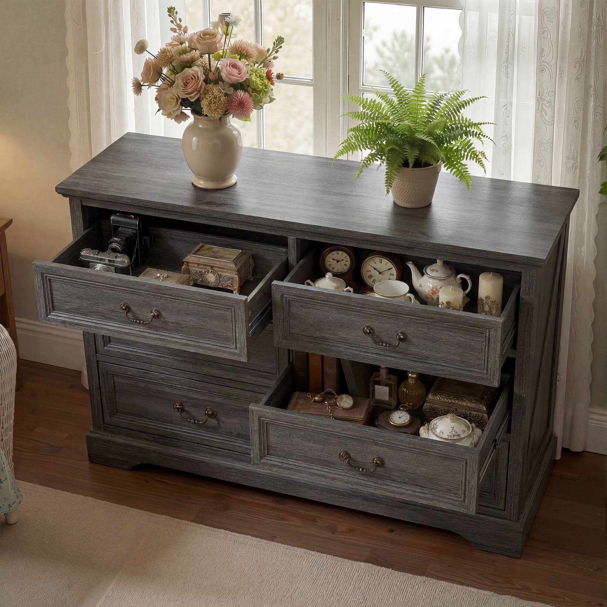 Back. FUFU & GAGA - Vintage 6-Drawer Dresser - Farmhouse Style Storage Chest with Bronze Hardware for Bedroom, Living Room, Entryway - Distressed gray.