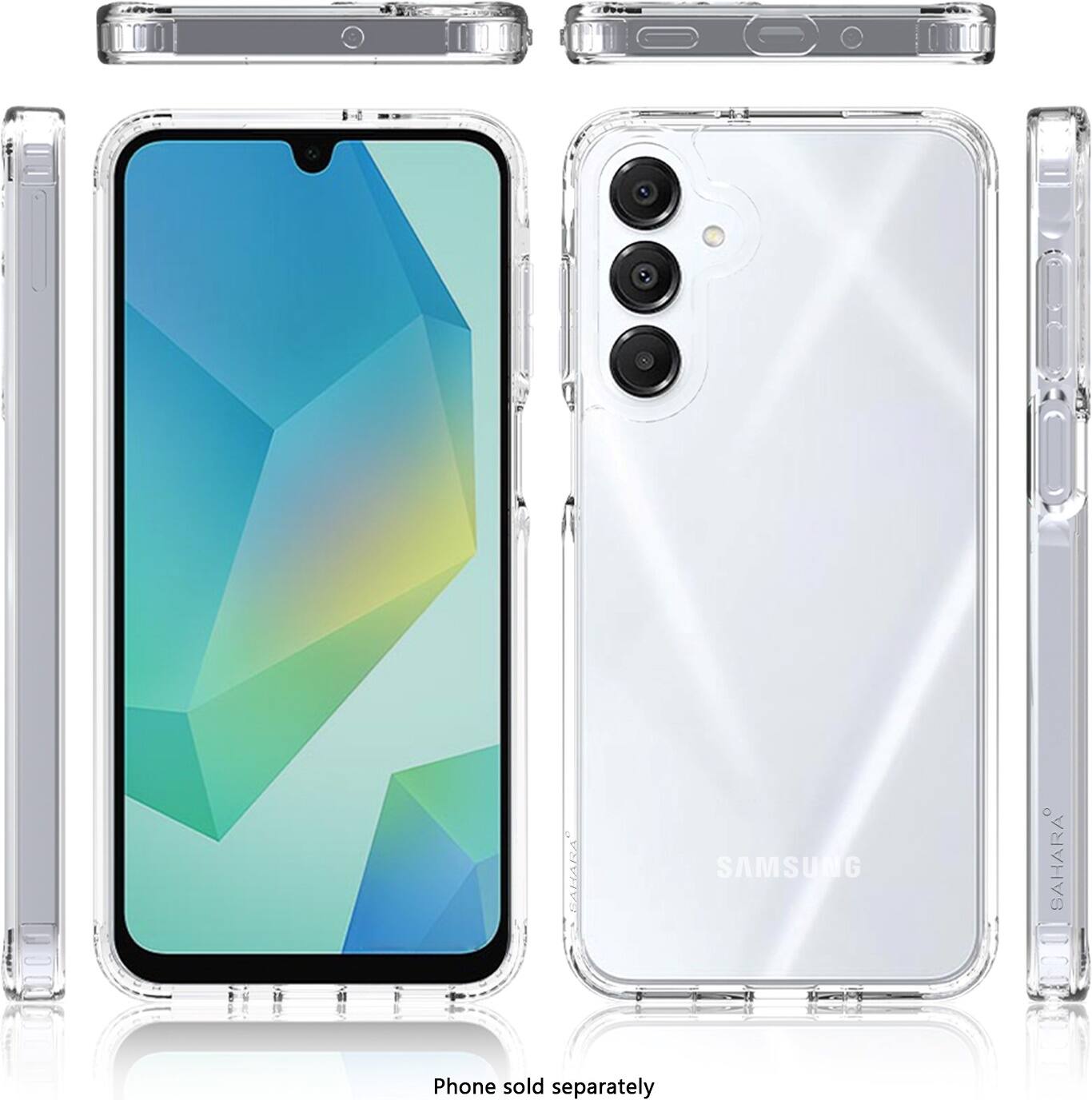 The image shows a Samsung phone with a clear case on it. The phone is displayed in two different positions, one with the case on and one without it. The case is designed to protect the phone from scratches and minor damages. The phone is available for purchase separately, and the case is also sold separately.