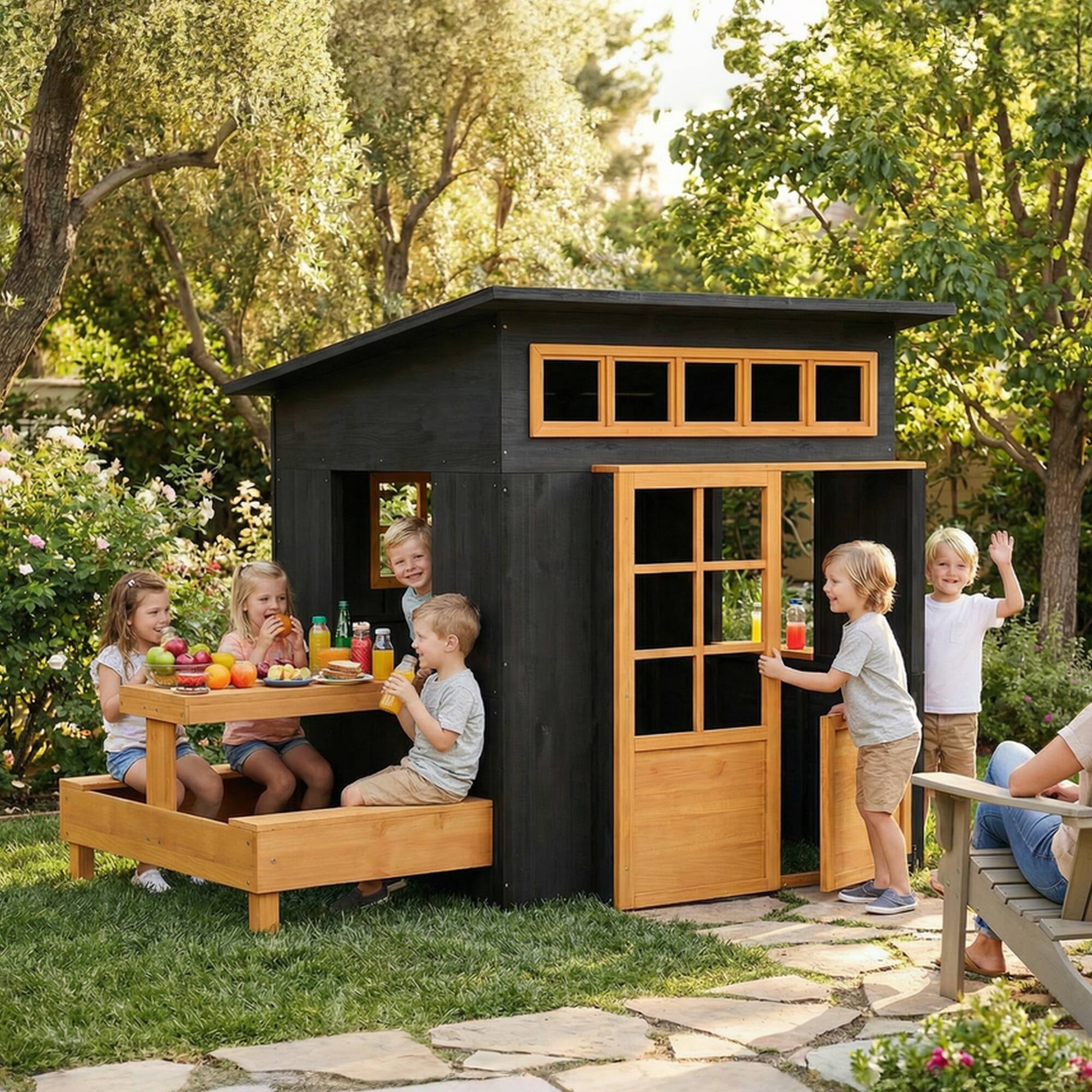 Alt View 1. Qaba - Playhouse, Wooden Kids Playhouse w/ Picnic Table & Benches, Chalkboards, Half Door, Windows - Black.