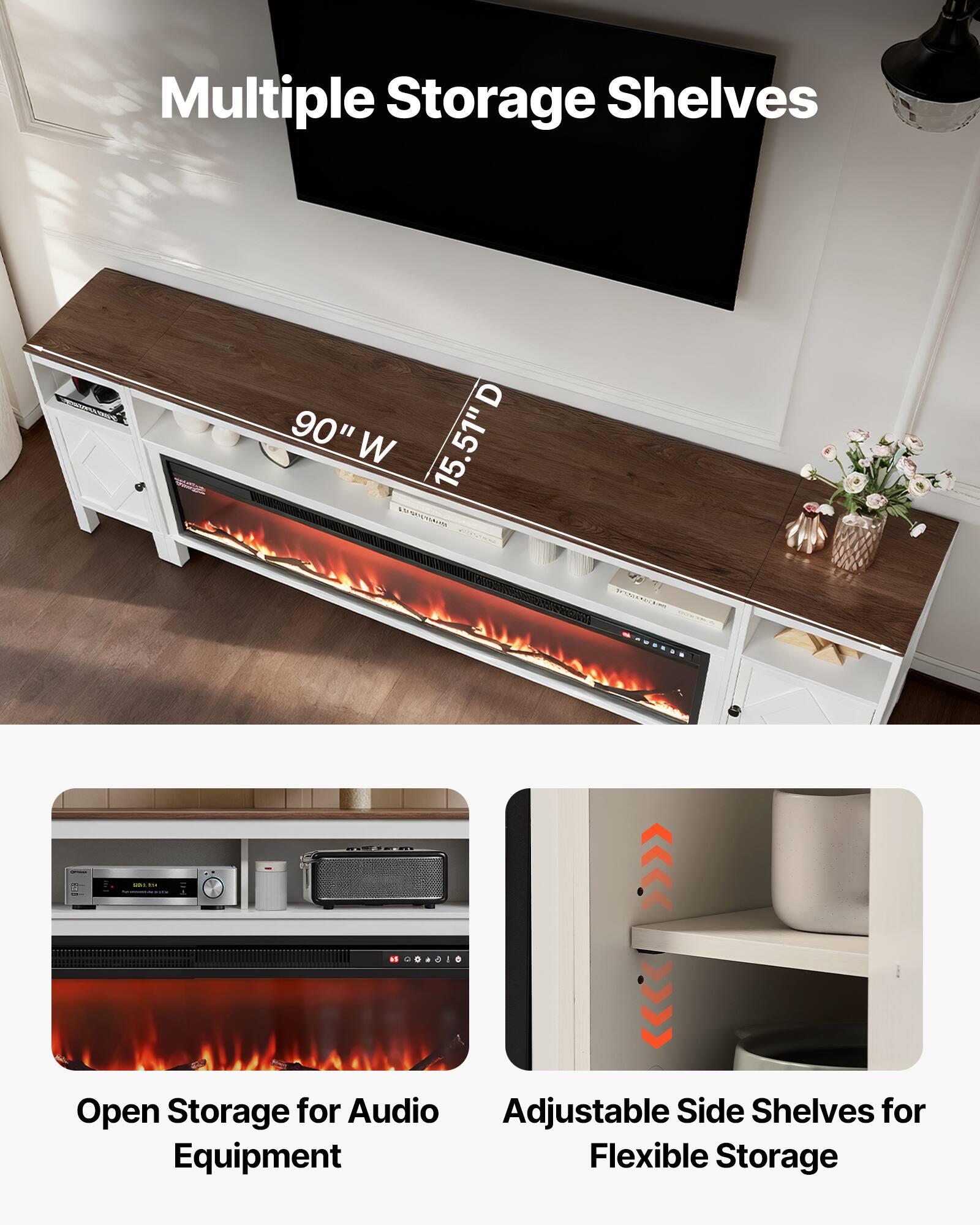 Multiple Storage Shelves - 90" W x 15.51" D

Open Storage for Audio Equipment

Adjustable Side Shelves for Flexible Storage