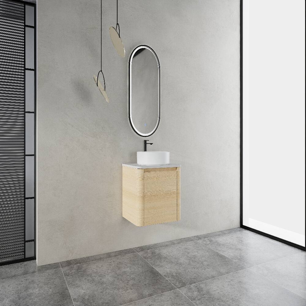 Back. Loheer - Loheer 24 inch wall mounted bathroom vanity with ceramic art sink soft close door plywood bathroom vanity - American White Oak.