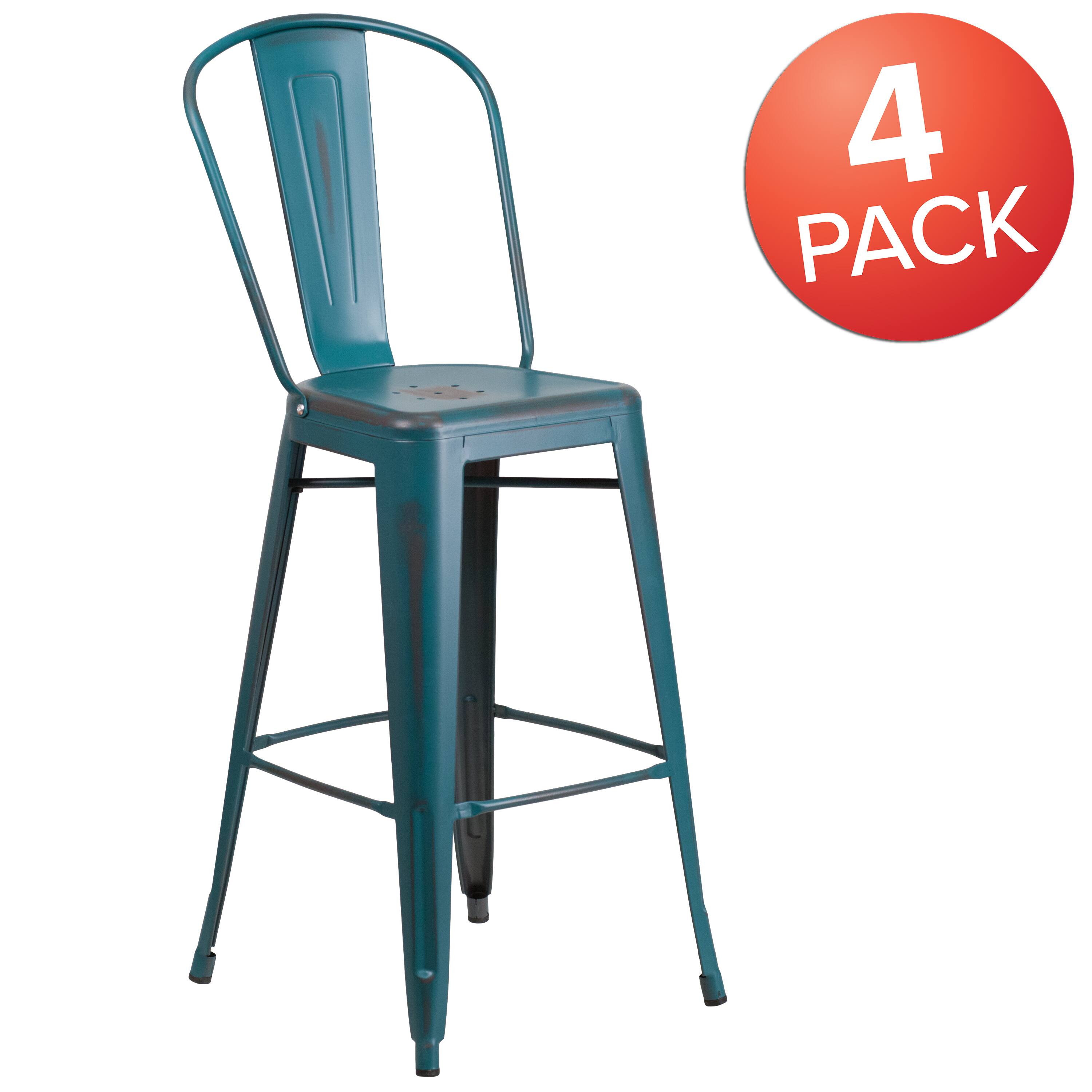 Alt View 1. Emma + Oliver - Commercial Grade 4 Pack 30" High Distressed Metal Indoor-Outdoor Barstool with Back - Kelly Blue-Teal.