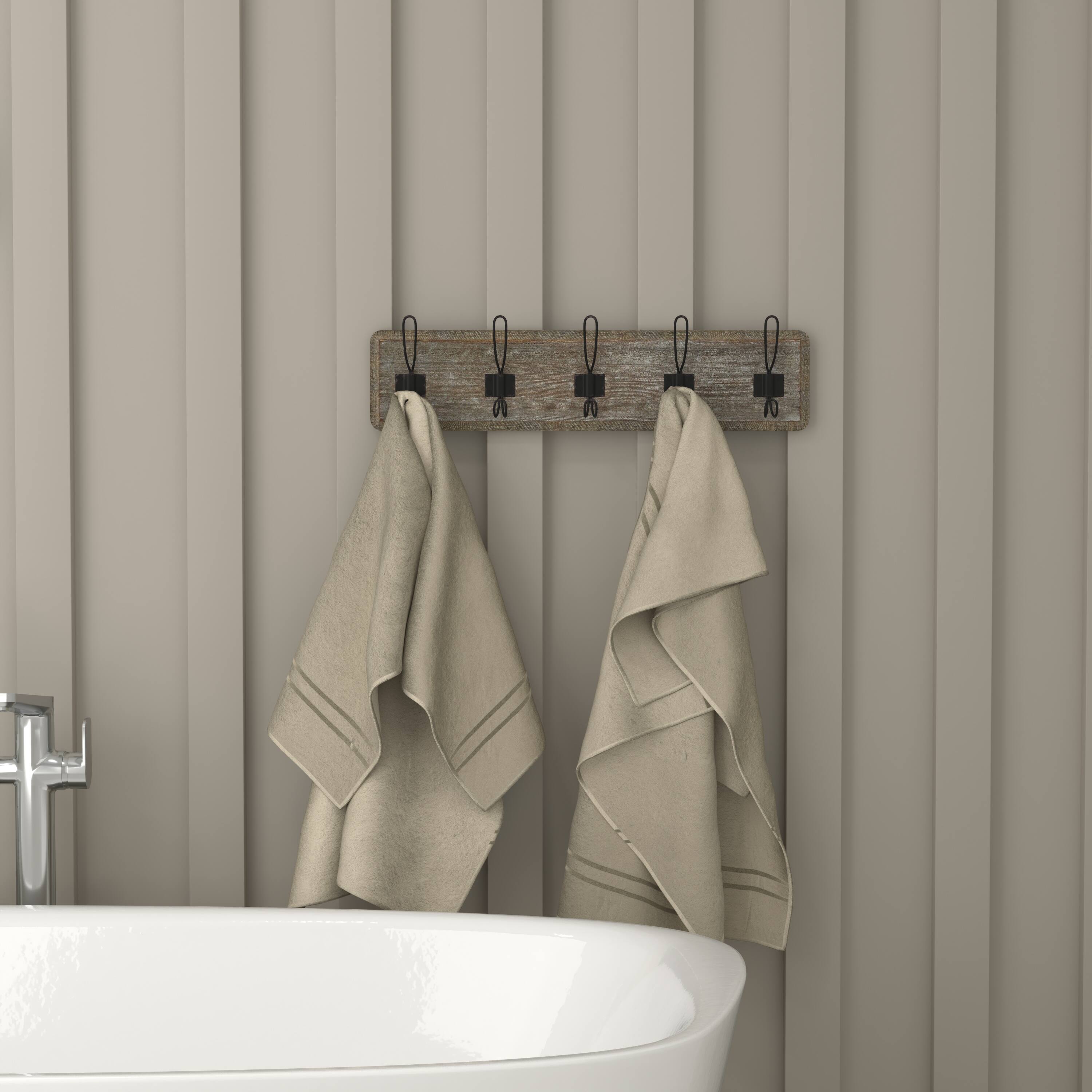 Alt View 3. Emma + Oliver - Wade Rustic Wall Hanging Storage Rack with 5 Hooks for Entryway, Kitchen, Bathroom and More - Weathered Brown Wood.