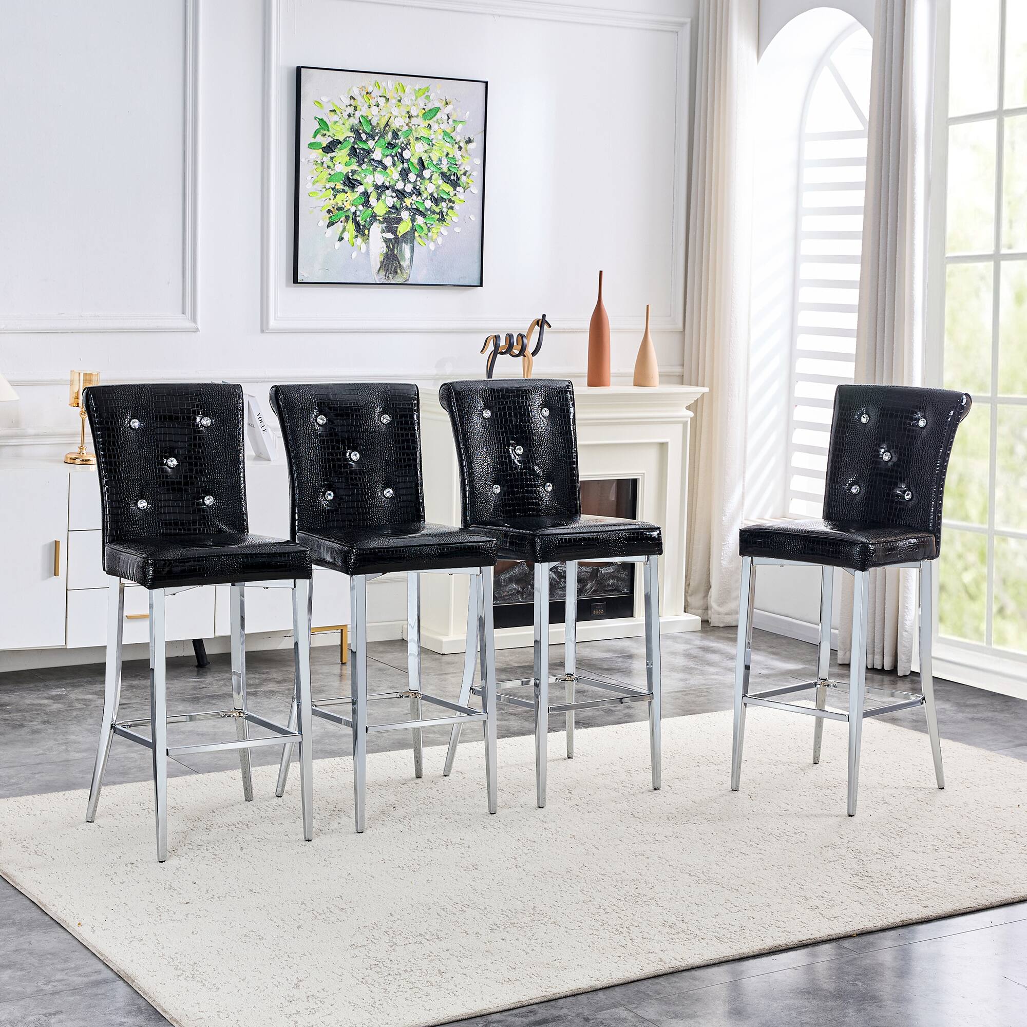 Alt View 1. Loheer - Vintage Crocodile Faux Leather Bar Chairs Set of 2 Crystal Tufted Tall Dining Stools 1.8x1.4x3.8 ft - Black.