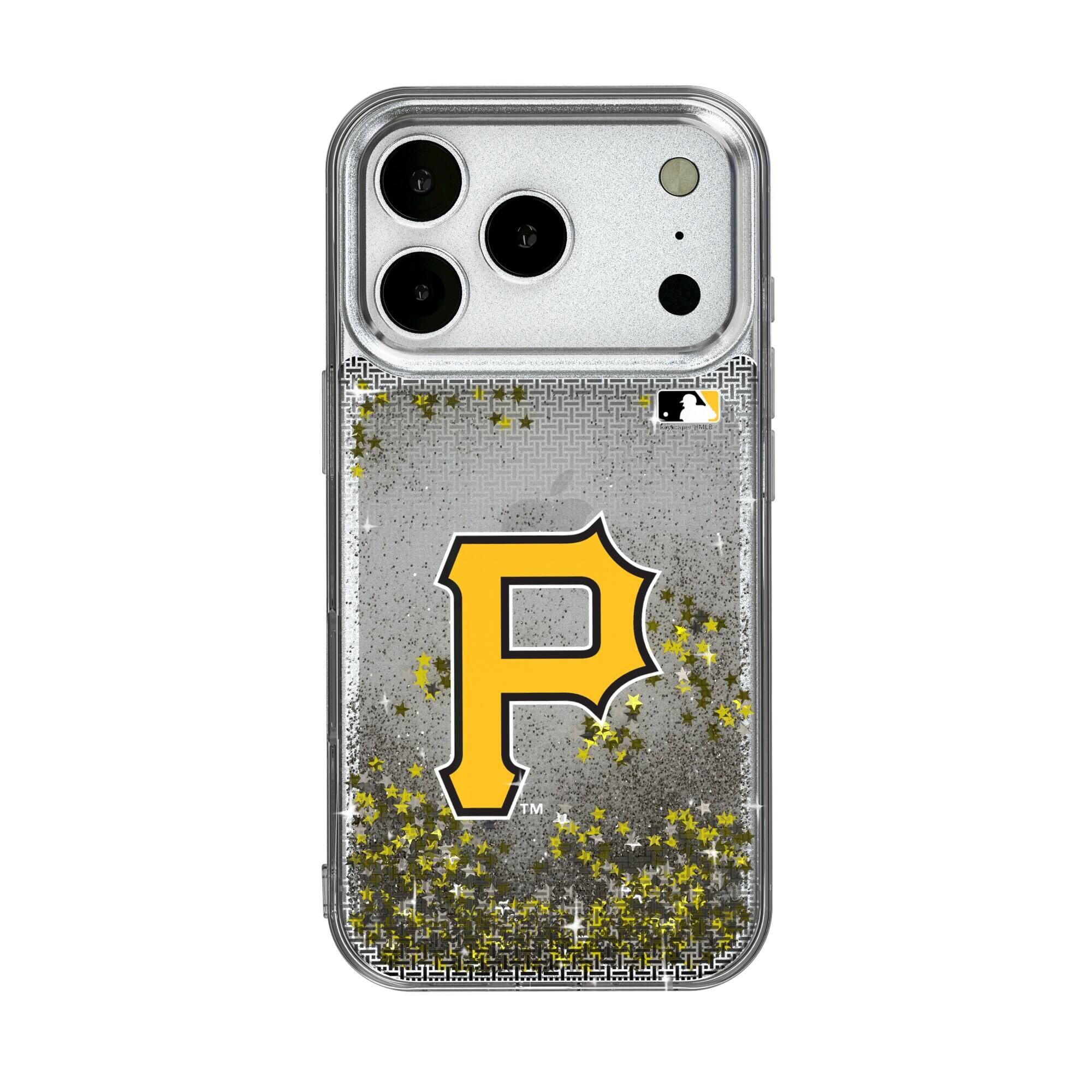 Front. Keyscaper - Pittsburgh Pirates Linen Logo iPhone Glitter Case - 14 Pro - Multicolor.