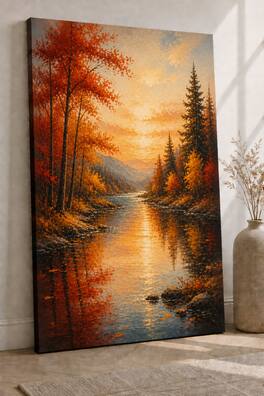 FC Design - Large Ready-to-Hang 24x36"- Autumn Forest River Art Painting Home Wall Décor - MultiColor