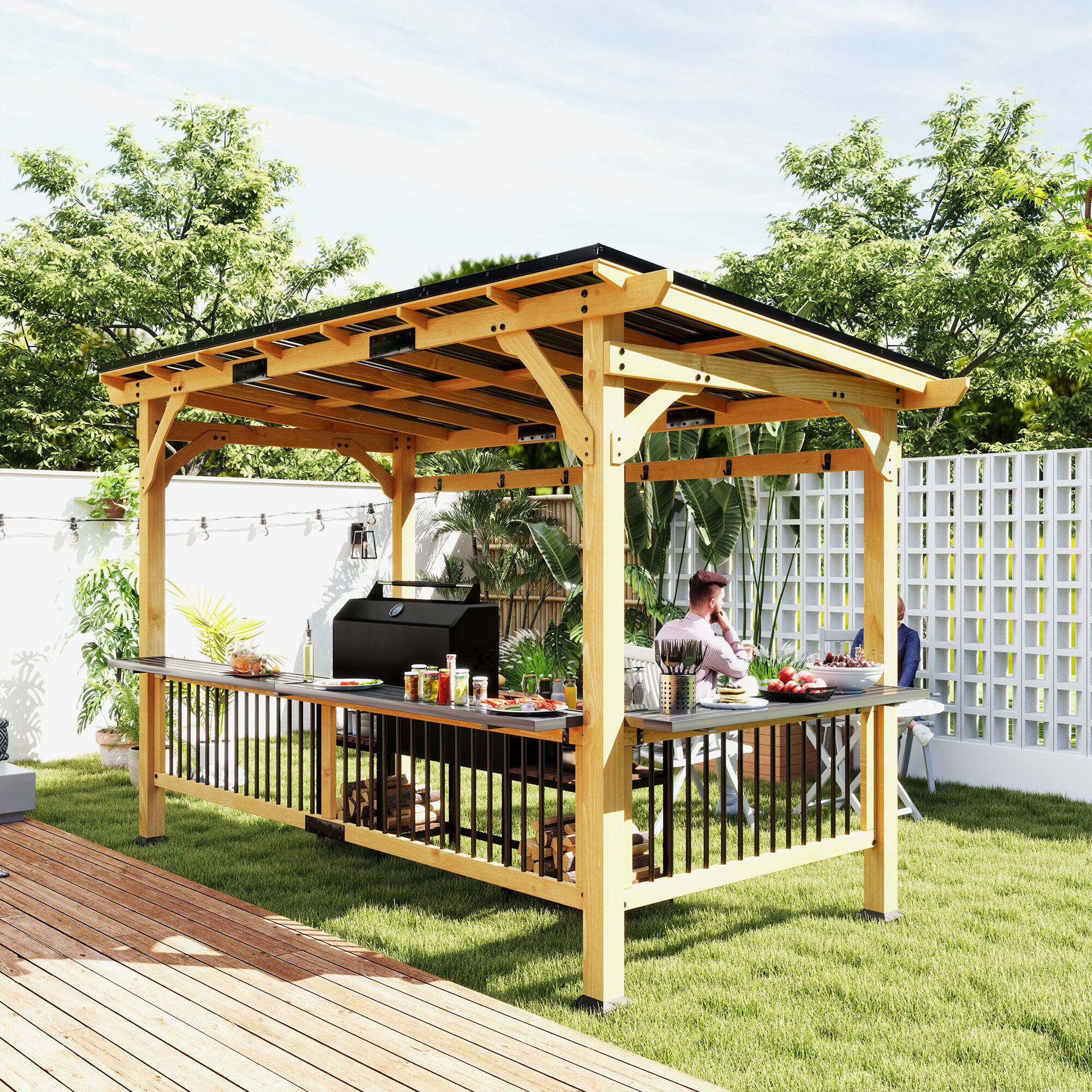 Outsunny 13' x 6' Wooden BBQ Grill Gazebo, Hardtop Grill Gazebo