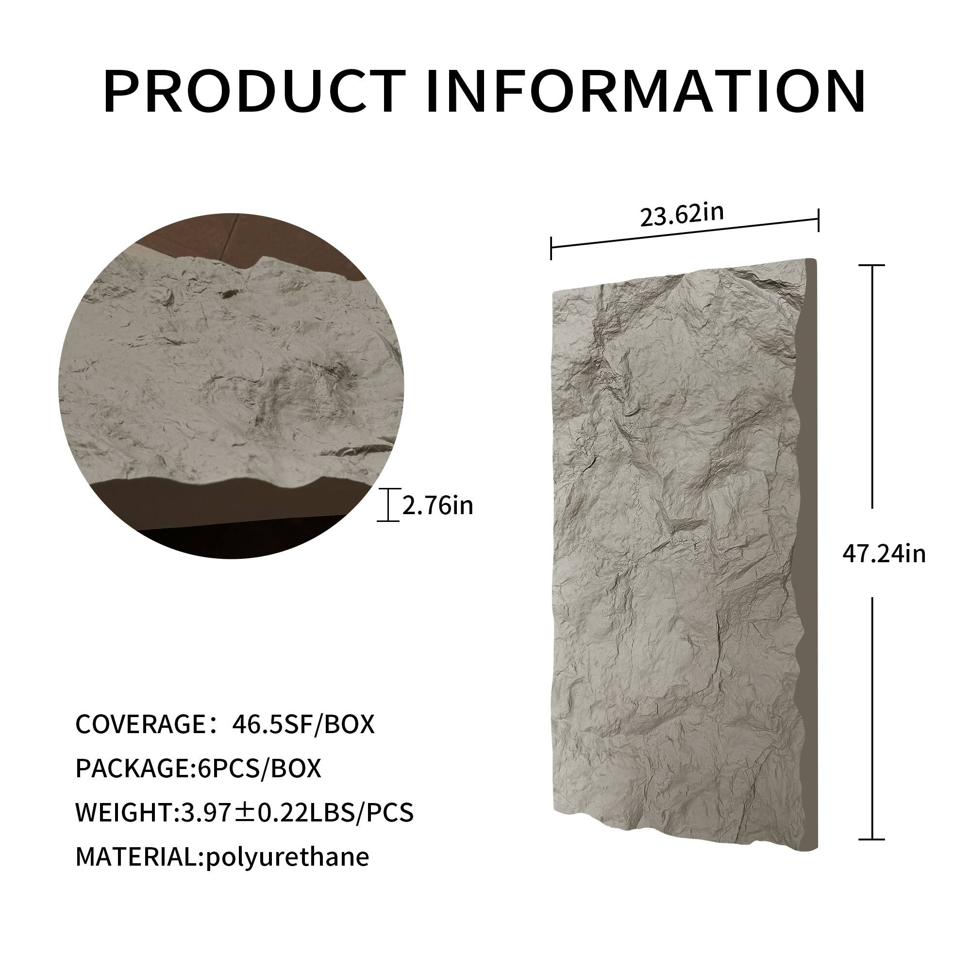 PRODUCT INFORMATION

23.62in | 2.76in | 47.24in

COVERAGE: 46.5SF/BOX

PACKAGE: 6PCS/BOX

WEIGHT: 3.97 ± 0.22LBS/PCS

MATERIAL: polyurethane
