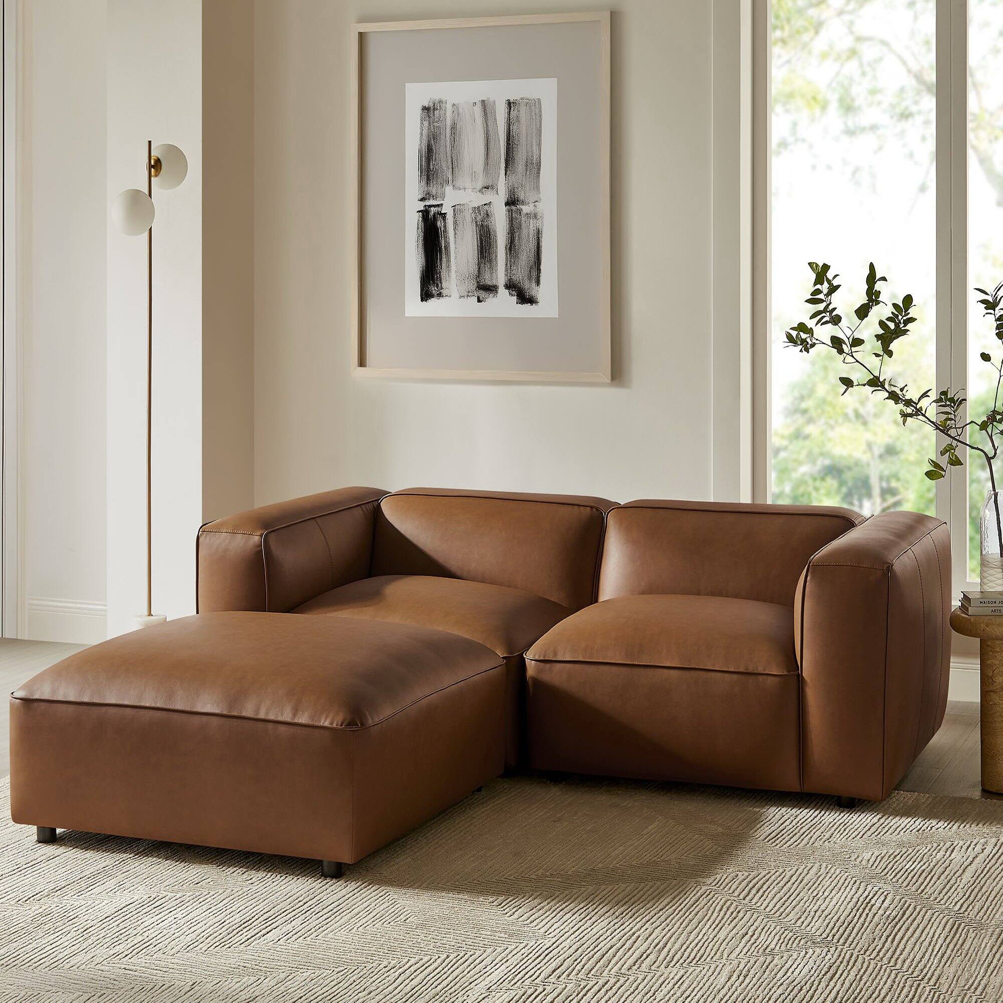 Alt View 6. Modway - Auren 3-Piece Upholstered Vegan Leather Modular Loveseat with Ottoman by Modway - Coffee.
