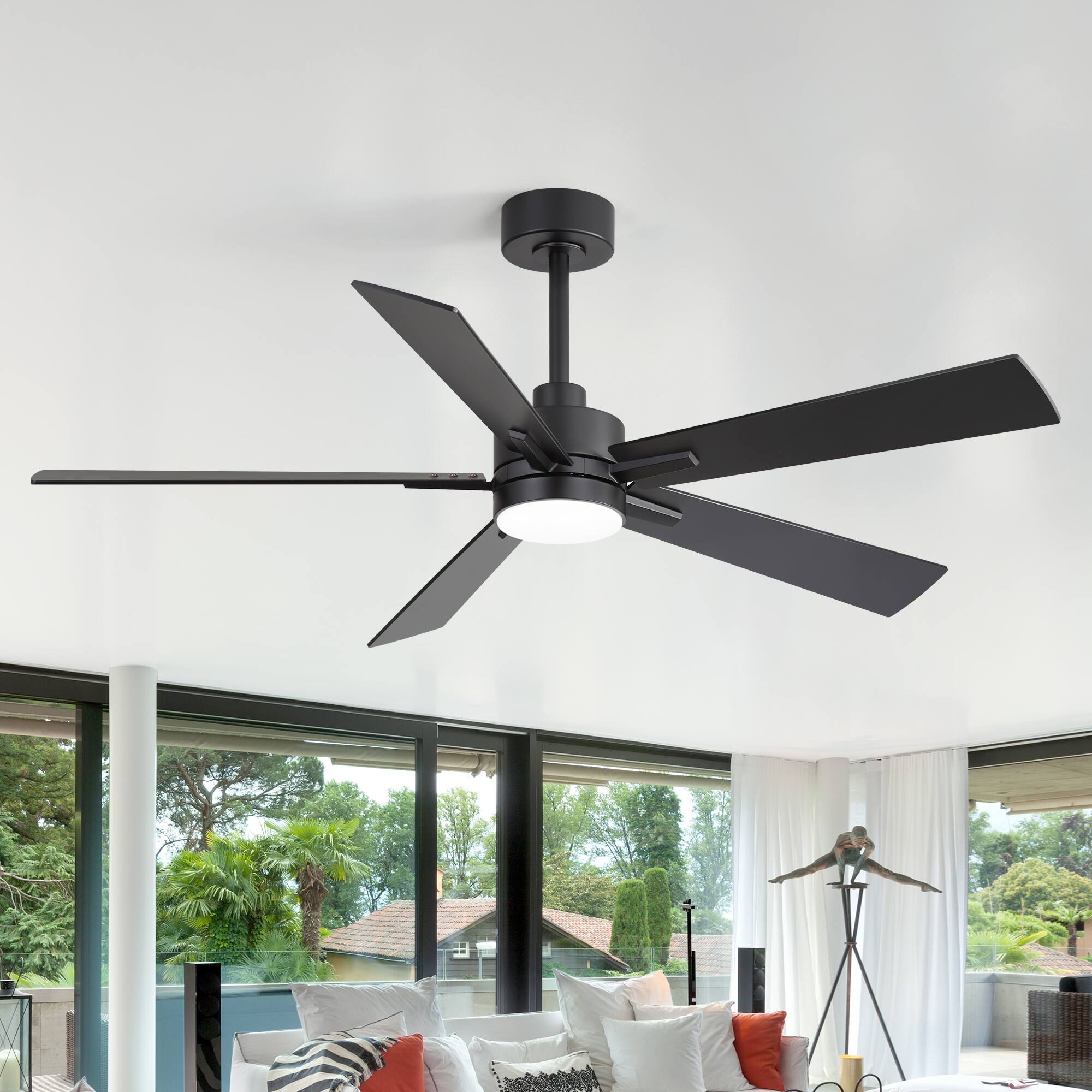 Left. Breezary - 52-Inch Ceiling Fan with LED Light, 5 Plywood Blades, Remote Control, DC Motor, Includes 5" & 10" Downrods - Black.