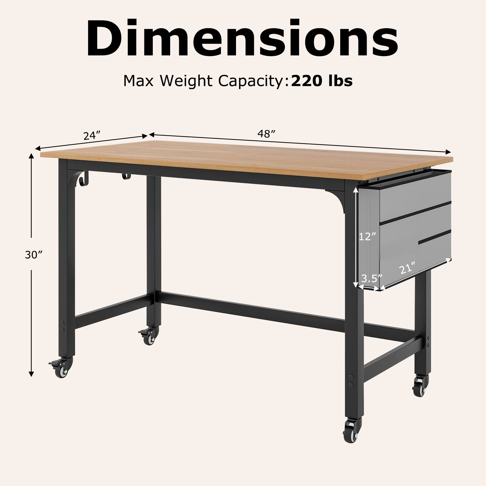 Dimensions: 24" x 48" x 30" x 12" x 3.5" x 21"

Max Weight Capacity: 220 lbs