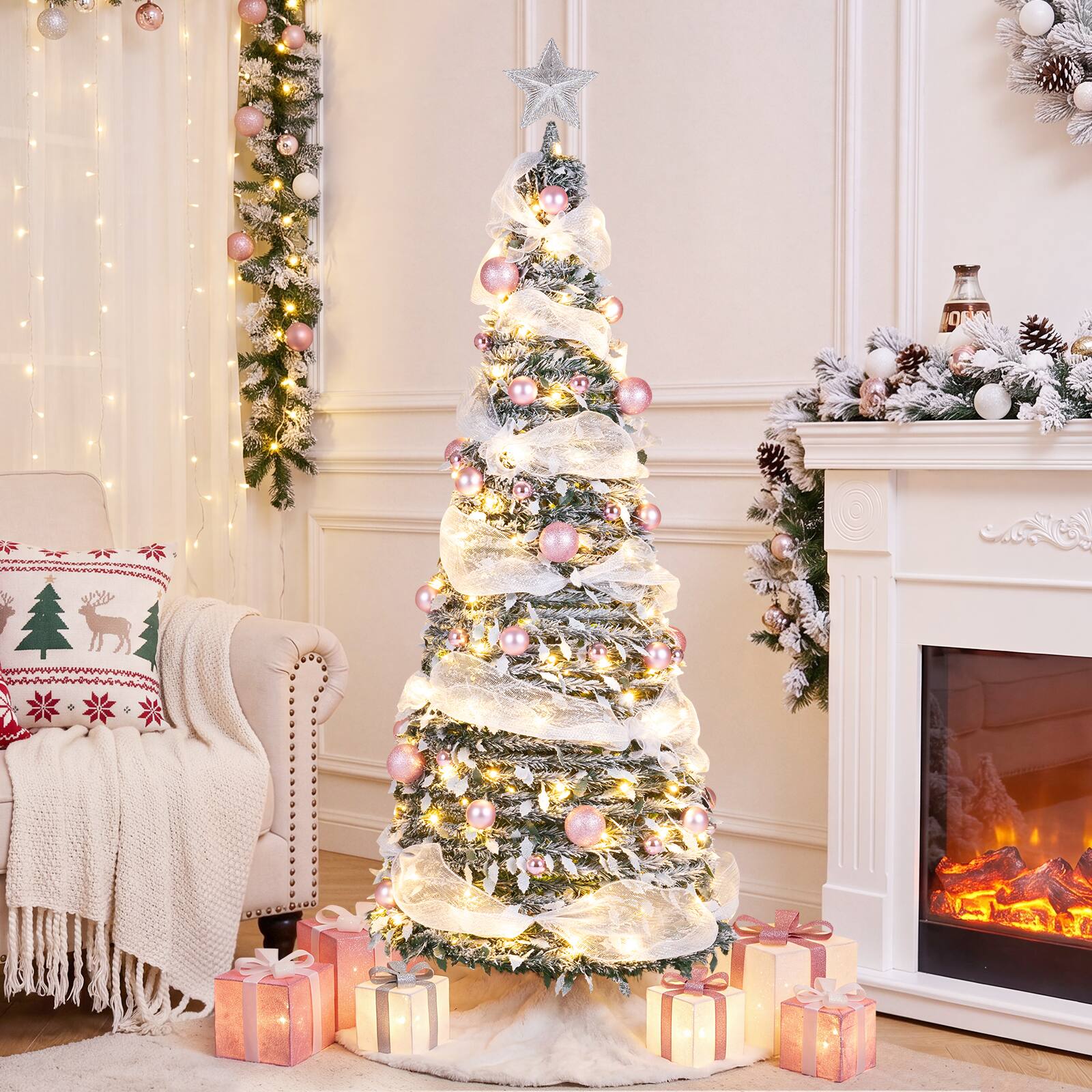 Alt View 3. Costway - Costway 6 ft Pop Up Flocked Christmas Tree with 55 Xmas Balls 150 Pre-Lit LED Lights Ribbon - Green & White.
