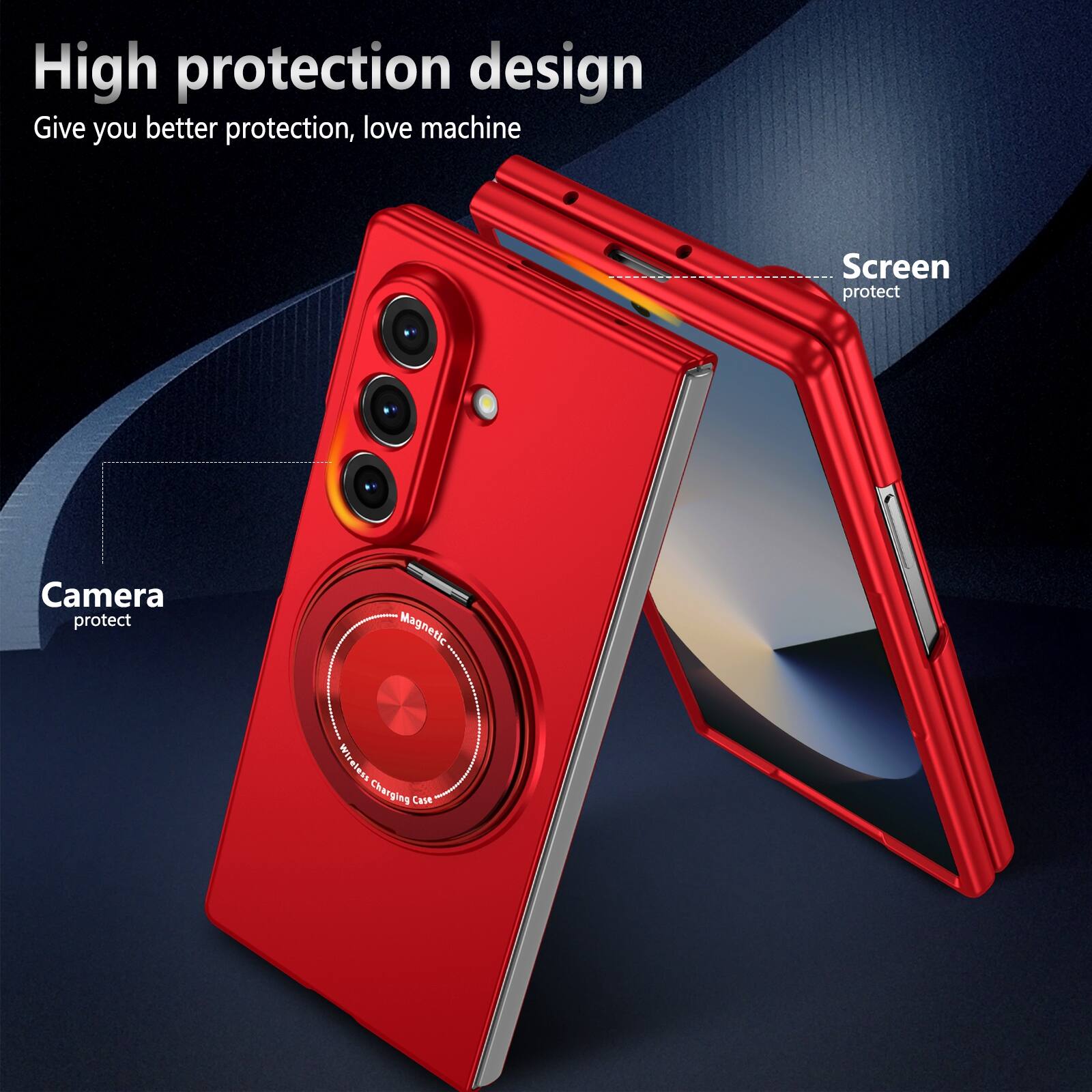 High protection design  
Give you better protection, love machine  

Screen protect  
Camera protect  
Magnetic Wireless Charging Case