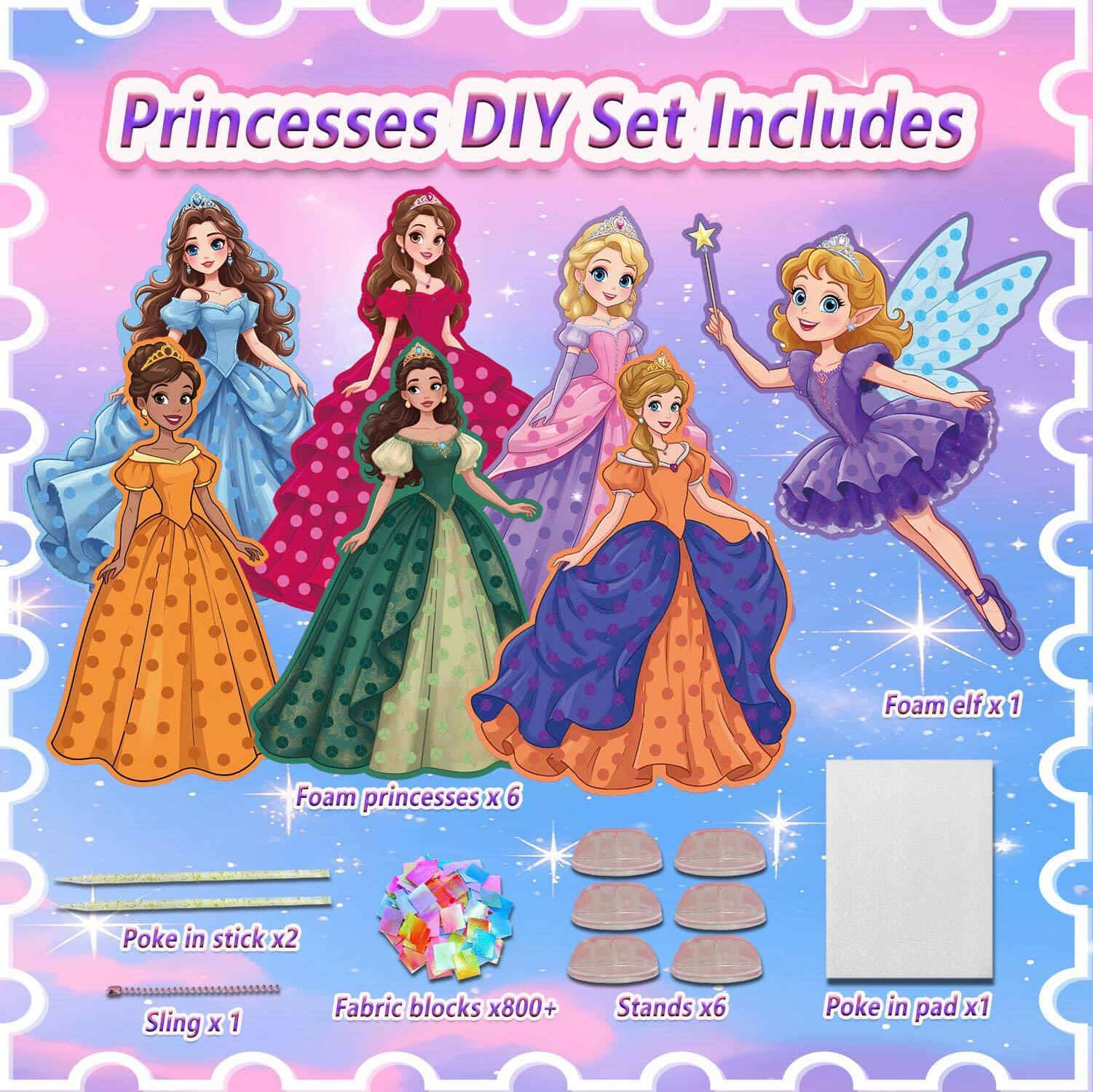Princesses DIY Set Includes

- Foam princesses x 6
- Foam elf x 1
- Poke in stick x 2
- Sling x 1
- Fabric blocks x 800+
- Stands x 6
- Poke in pad x 1