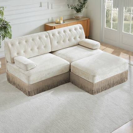 Front. Anysun - L-Shape Velvet Chesterfield Sofa - Tassel Skirt, Curved Armrests, Wood Base, Easy Assembly for Living Room & Bedroom - White.