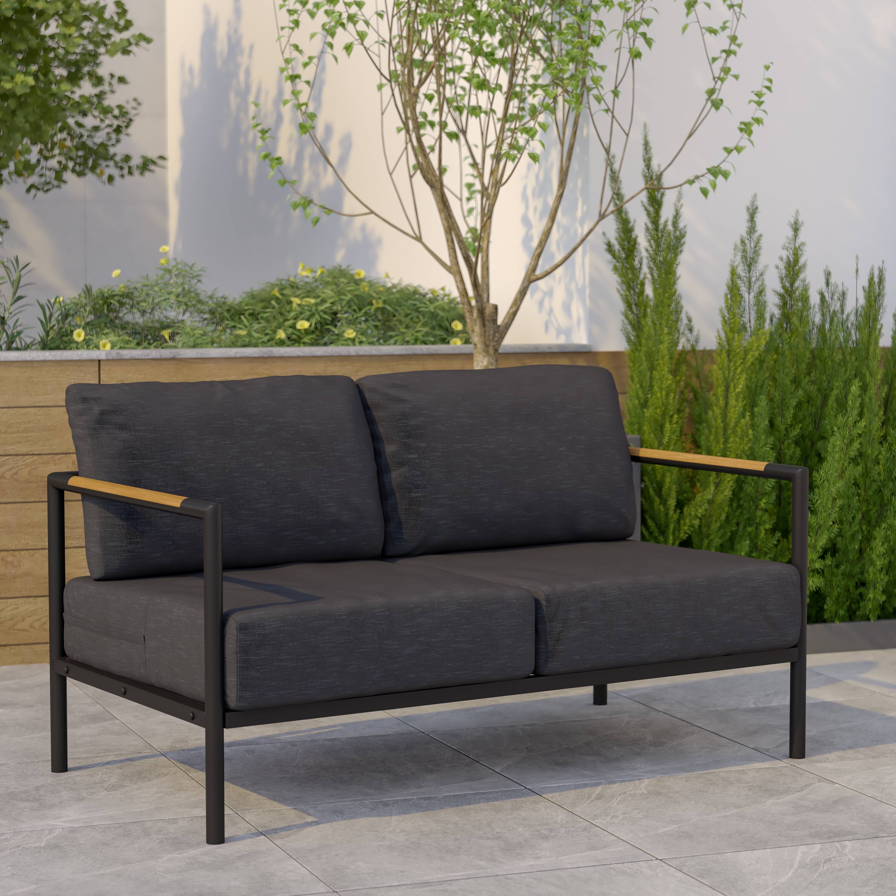 Alt View 1. Emma + Oliver - Aluminum Frame Loveseat with Teak Arm Accents and Plush Cushions - Charcoal.