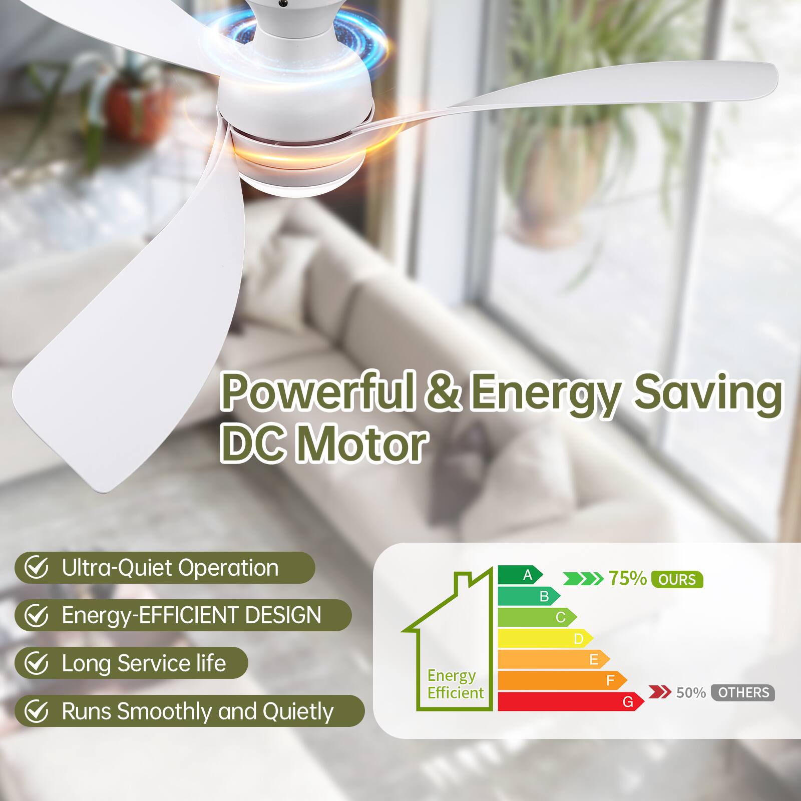 Powerful & Energy Saving DC Motor

- Ultra-Quiet Operation
- Energy-Efficient Design
- Long Service Life
- Runs Smoothly and Quietly

Energy Efficient
- A: 75% OURS
- B
- C
- D
- E
- F
- G: 50% OTHERS