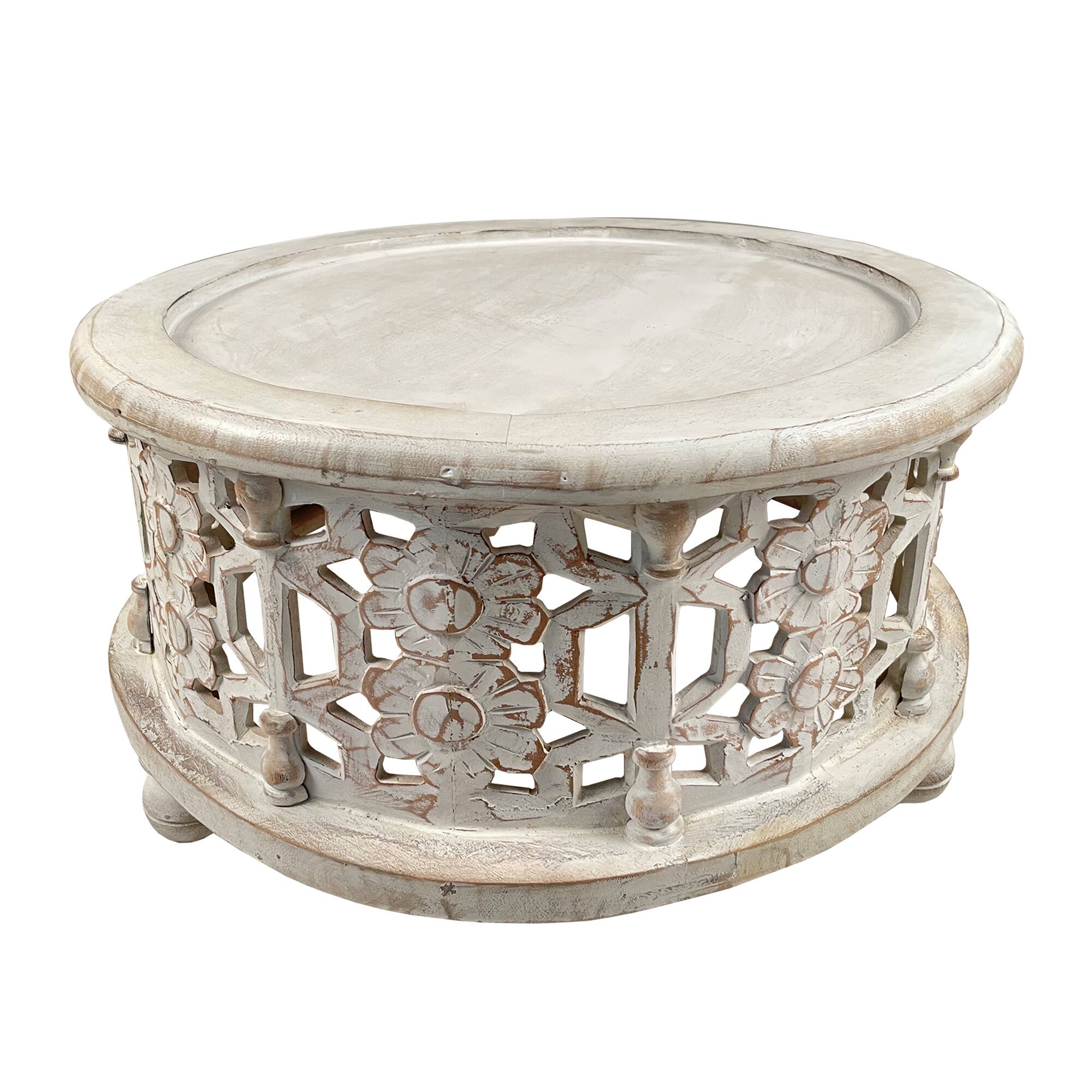 Alt View 2. Manhattan Lane - 30 Inch Round 2 Piece Wood Coffee Table Set, Carved Floral Design - White.