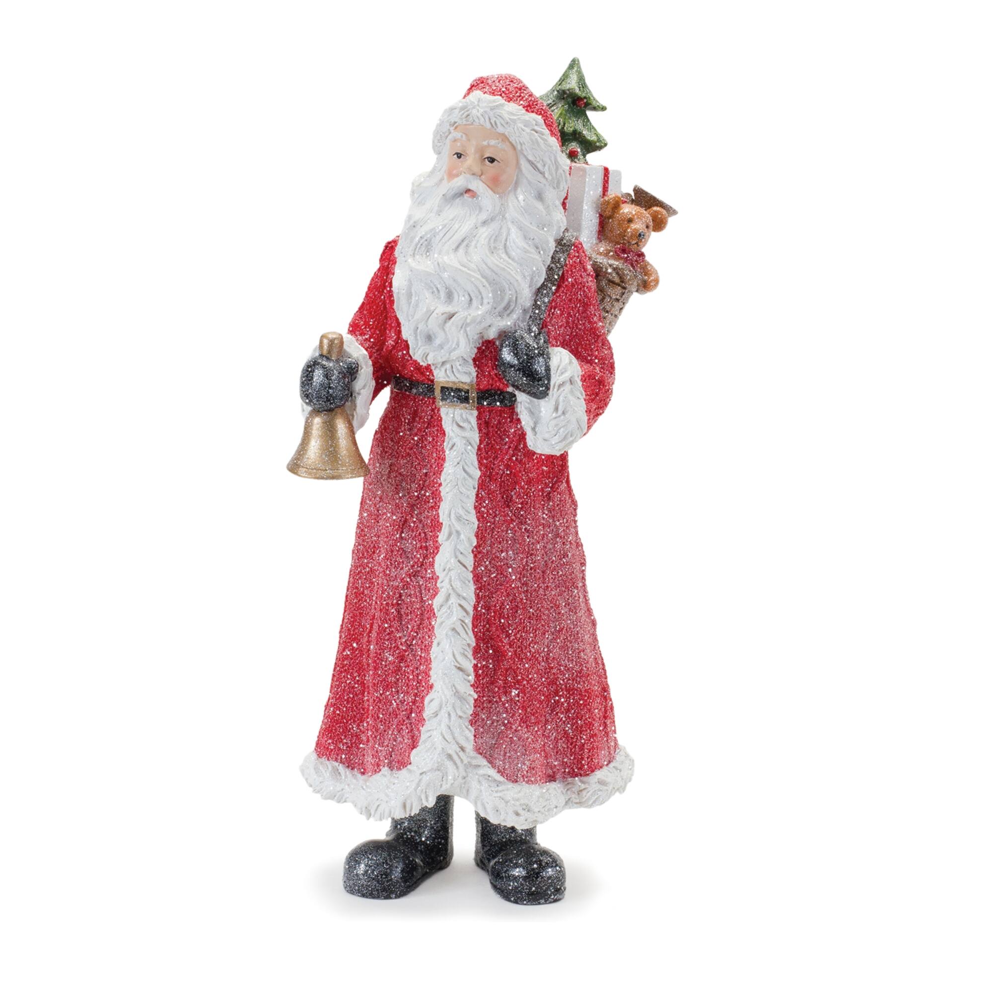 Back. BreeBe - Glitter Santa Figurine with Pine Accent (Set of 3) - Red, Green.