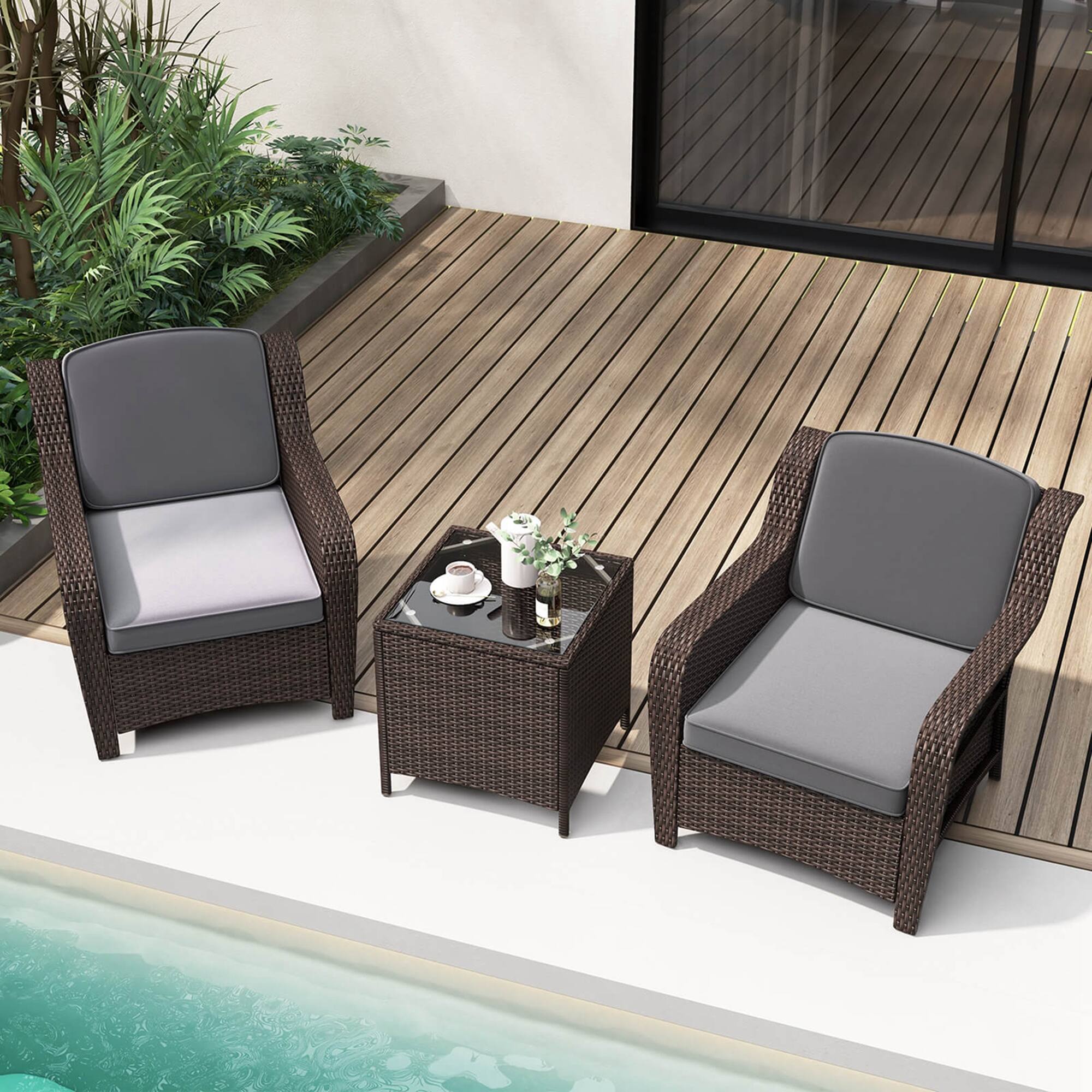Alt View 8. Costway - 3 PCS Outdoor Patio Furniture Set with Cushions and Tempered Glass Coffee Table - Gray + Mix Brown.
