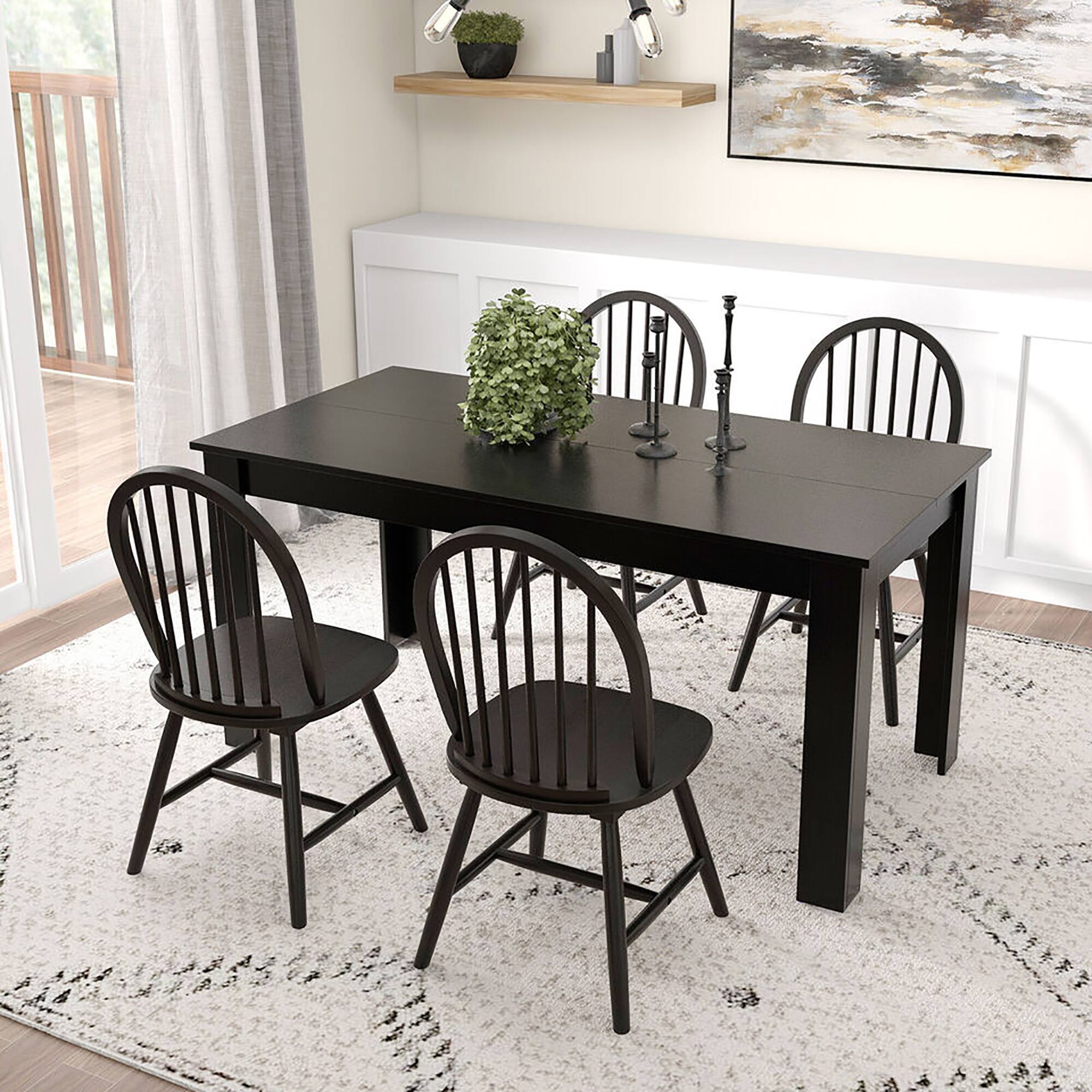 Alt View 1. Gymax - Gymax 5 PCS Dining Set Rectangular Wooden Dining Table 4 Windsor Chairs Kitchen Black - Black.