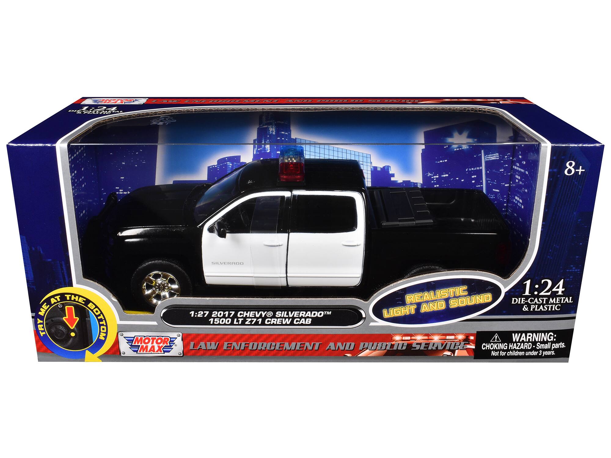 I AA - ....... S  222 - SCSEE E 1: TXI S dde 8+ SILVERRDO AT THE ME TRY BOTTOM REALISTIC 1:24 SOUND DIE-CAST METAL LIGHT AND & PLASTIC 1:27 2017 CHEVY SILVERADO 1500 LT Z71 CREW CAB MOTOR WARNING: MAX LAW ENFORCEMENT AND PUBLIC SERVICE CHOKING HAZARD Small parts. Not for children under 3 years.