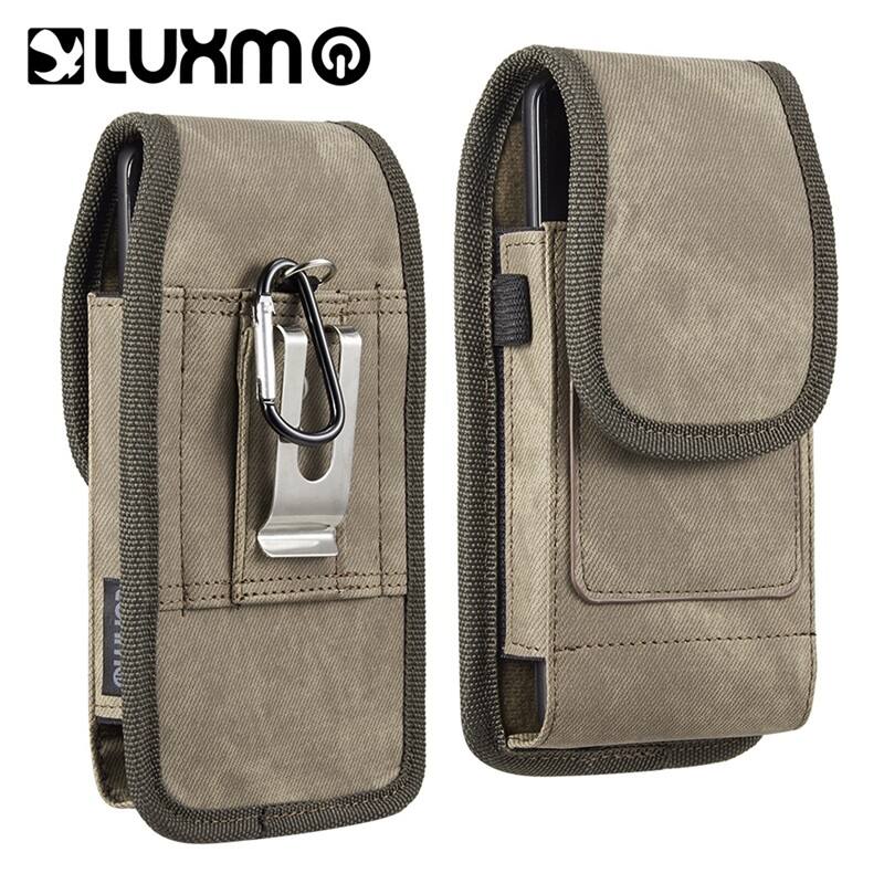 LUXMO - Medium Vertical Universal Phone Holster with Dual Card Slots - Light Denim Fabric - Brown