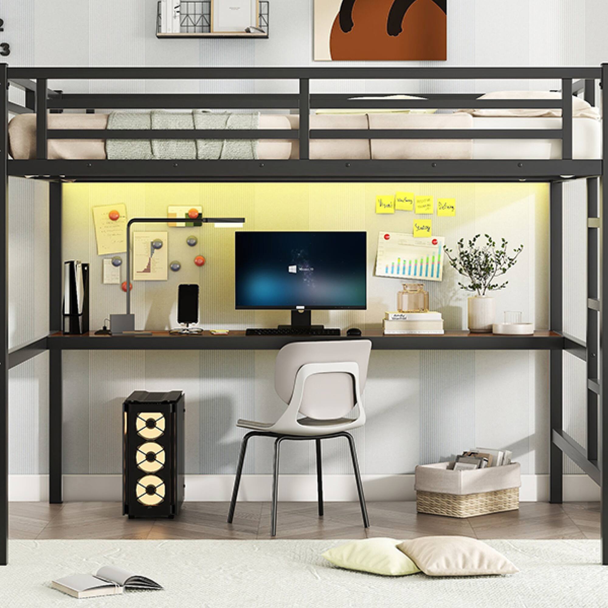 Alt View 10. GOODSILO - Space-Saving Full Size Loft Bed with Integrated Desk, Power Outlet, and LED Lighting - Black.