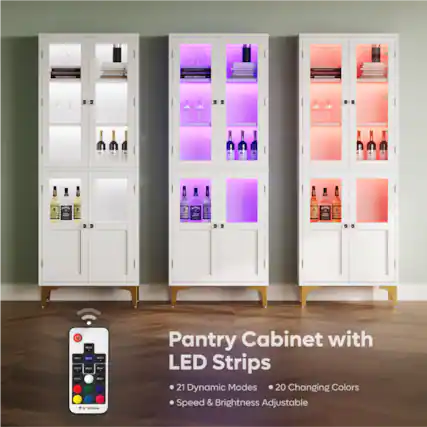 Pantry Cabinet with LED Strips: 21 Dynamic Modes, 20 Changing Colors, Speed & Brightness Adjustable