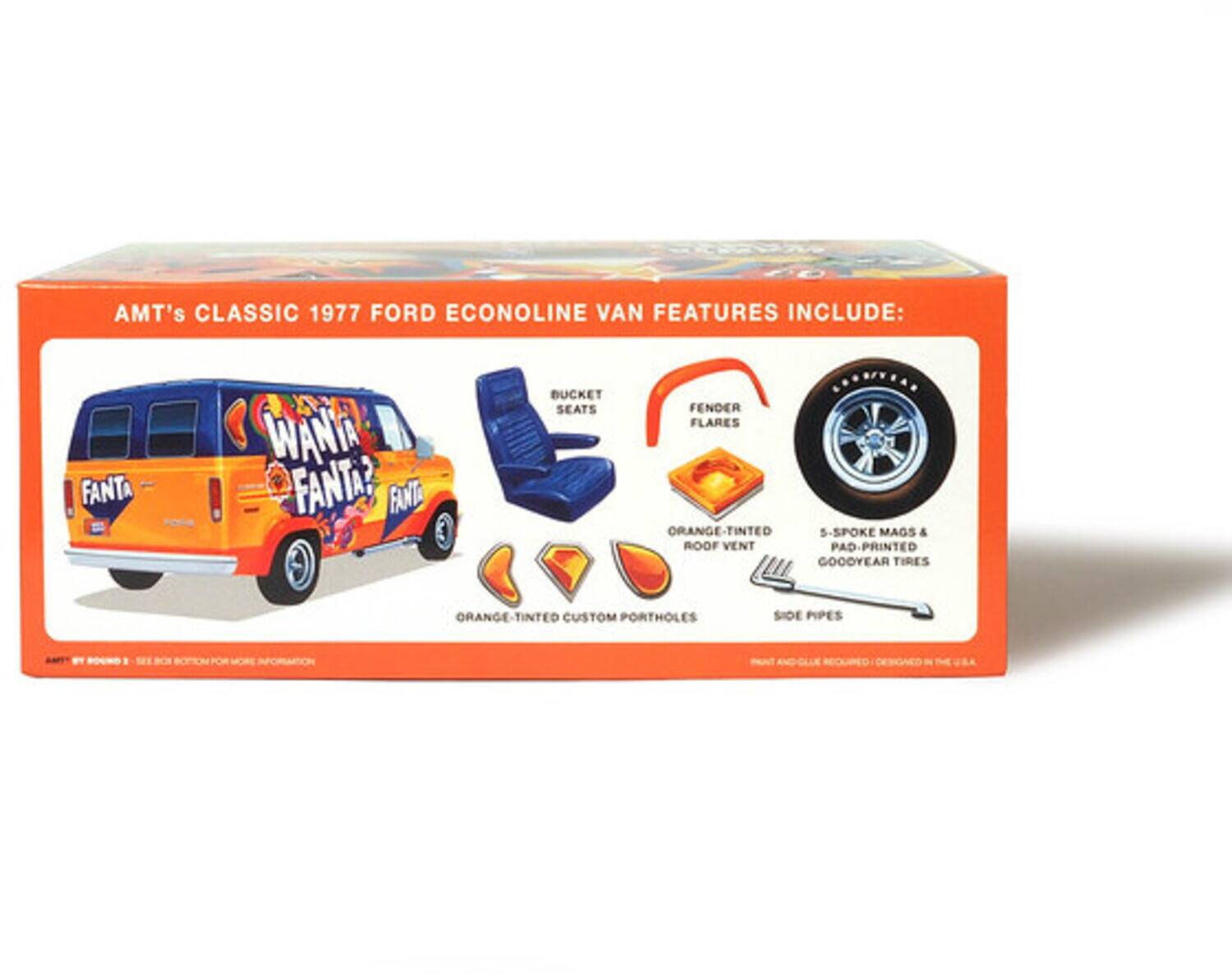 AMT's CLASSIC 1977 FORD ECONOLINE VAN FEATURES INCLUDE:  
- BUCKET SEATS  
- FENDER FLARES  
- ORANGE-TINTED ROOF VENT  
- 5-SP0KE MAGS & PAD-PRINTED GOODYEAR TIRES  
- ORANGE-TINTED CUSTOM PORTHOLES  
- SIDE PIPES