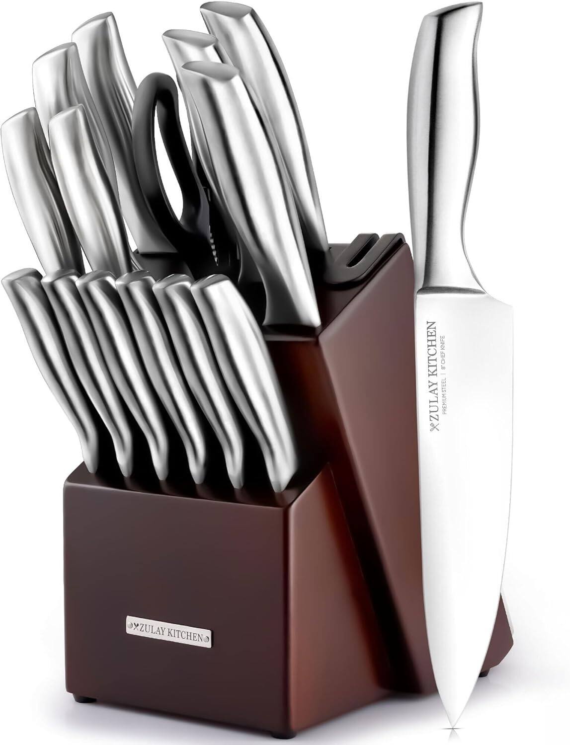 Zulay Kitchen - 15 Piece Stainless Steel Knife Set with Block and Sharpener - Dark Brown