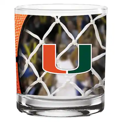 Front. Indigo Falls - Miami Hurricanes 14oz. Basketball Rocks Glass - Multicolor.