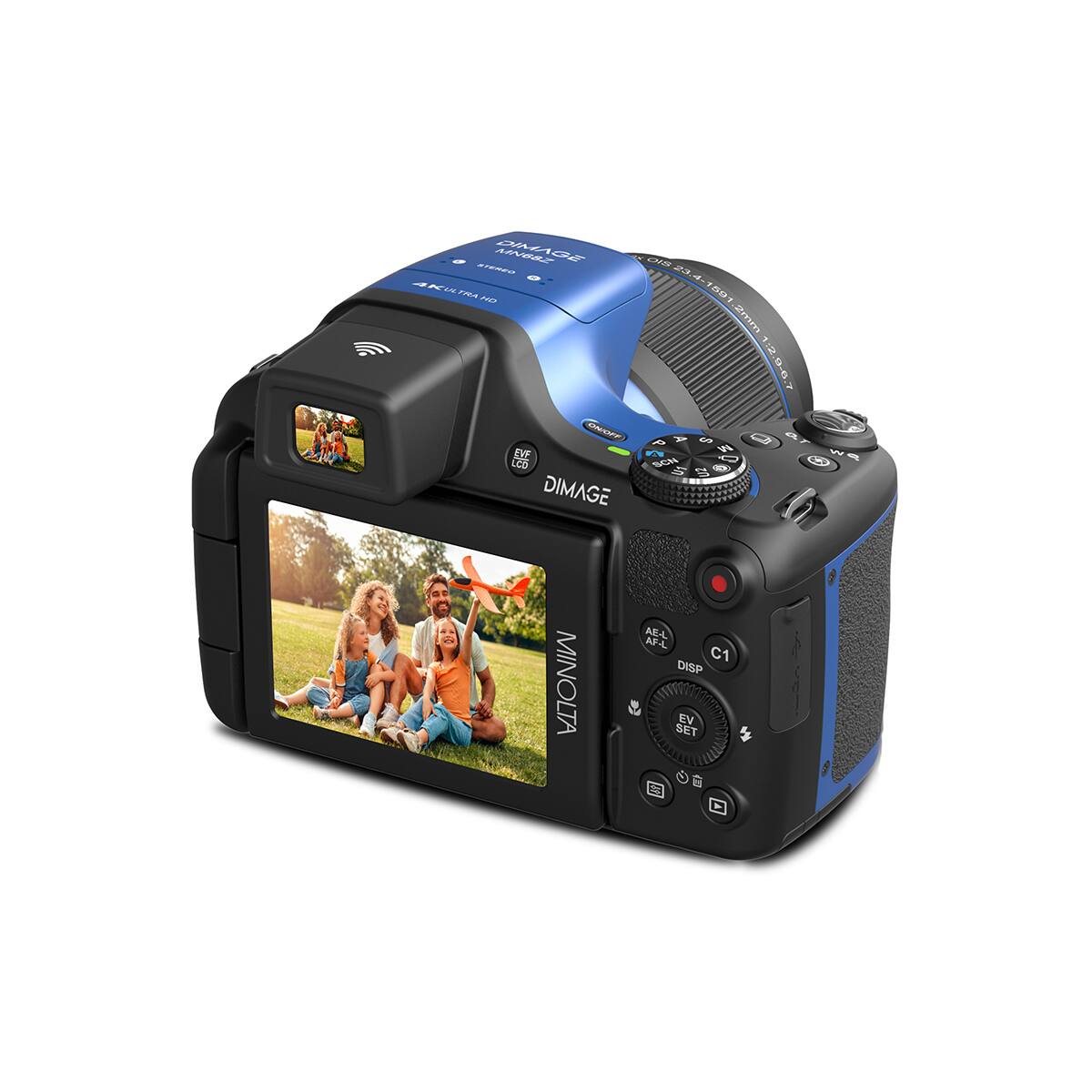 STEREO MN68Z OIS 23.4-THA MD 1591 2mm 7 1.2.9-6.7 ON/OFF P A S a EVF M LCO SCN U1 @ U2 DIMAGE AF-L AE-L C1 DISP MINOLTA SET EV