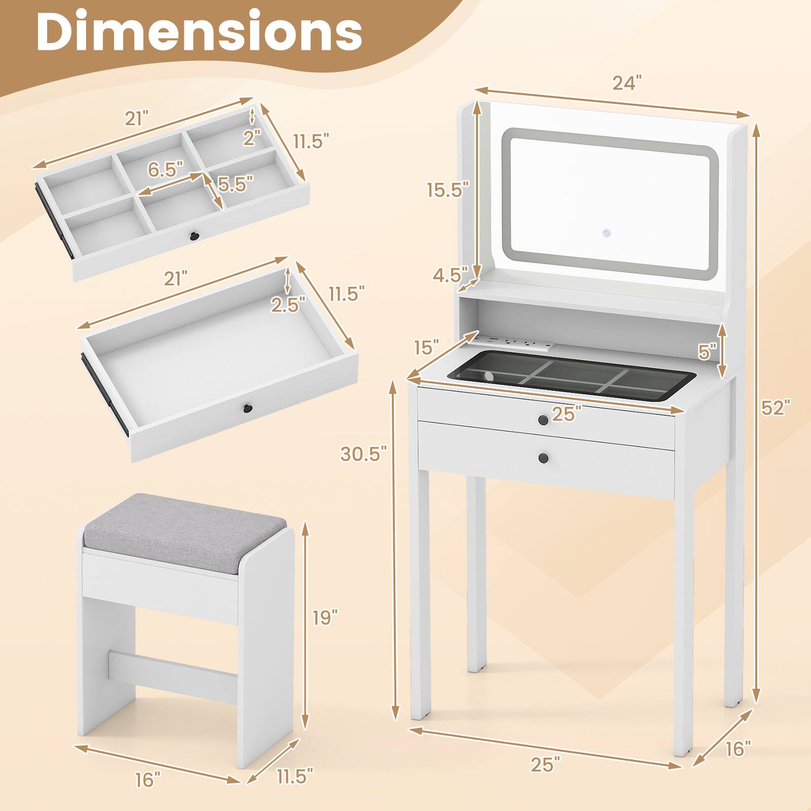 Dimensions:  
- 24"  
- 21"  
- 6.5"  
- 2"  
- 5.5"  
- 11.5"  
- 15.5"  
- 21"  
- 2.5"  
- 11.5"  
- 4.5"  
- 15"  
- 5"  
- 25"  
- 52"  
- 30.5"  
- 19"  
- 16"  
- 11.5"  
- 25"  
- 16"