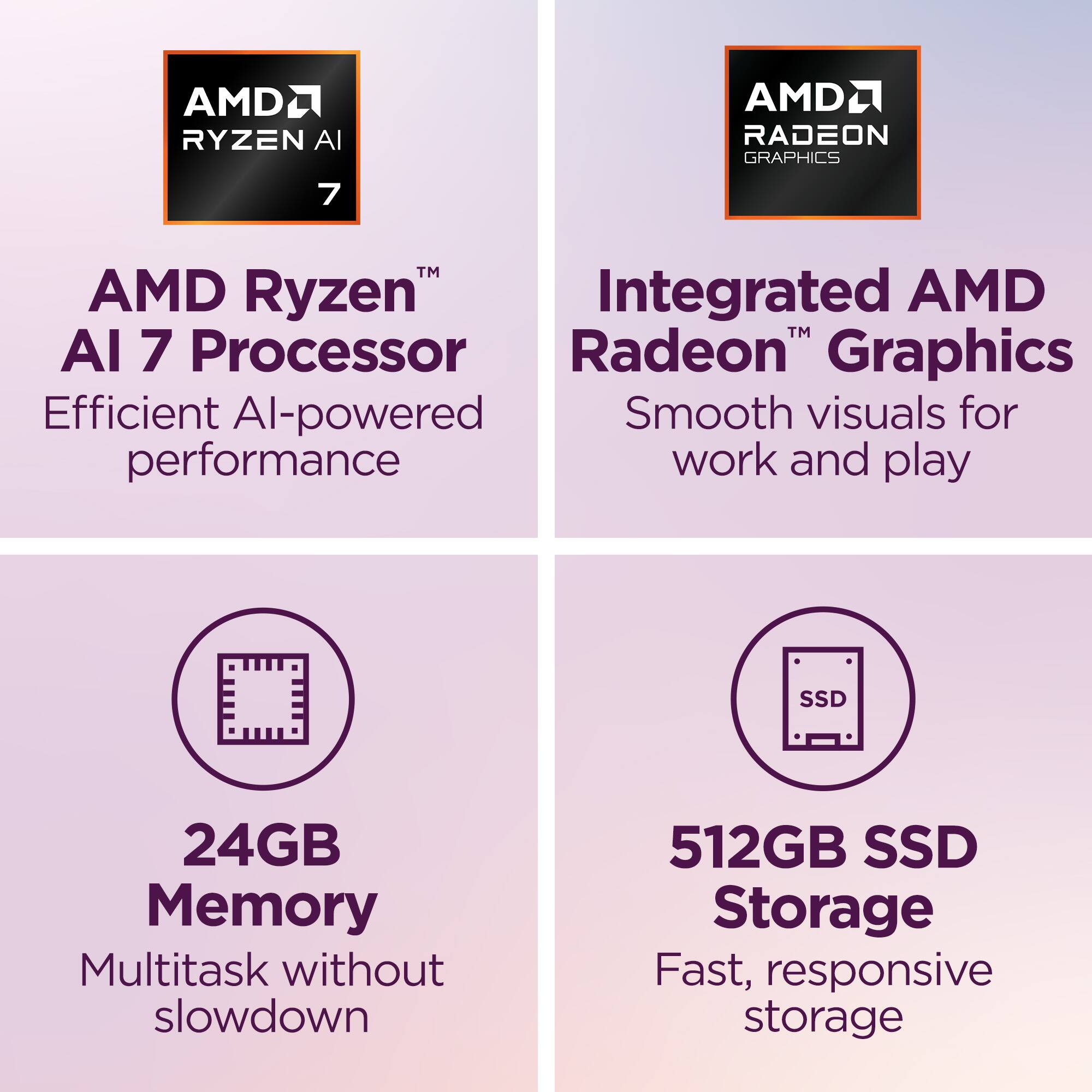 AMD Ryzen™ AI 7 Processor  
Efficient AI-powered performance  

Integrated AMD Radeon™ Graphics  
Smooth visuals for work and play  

24GB Memory  
Multitask without slowdown  

512GB SSD Storage  
Fast, responsive storage