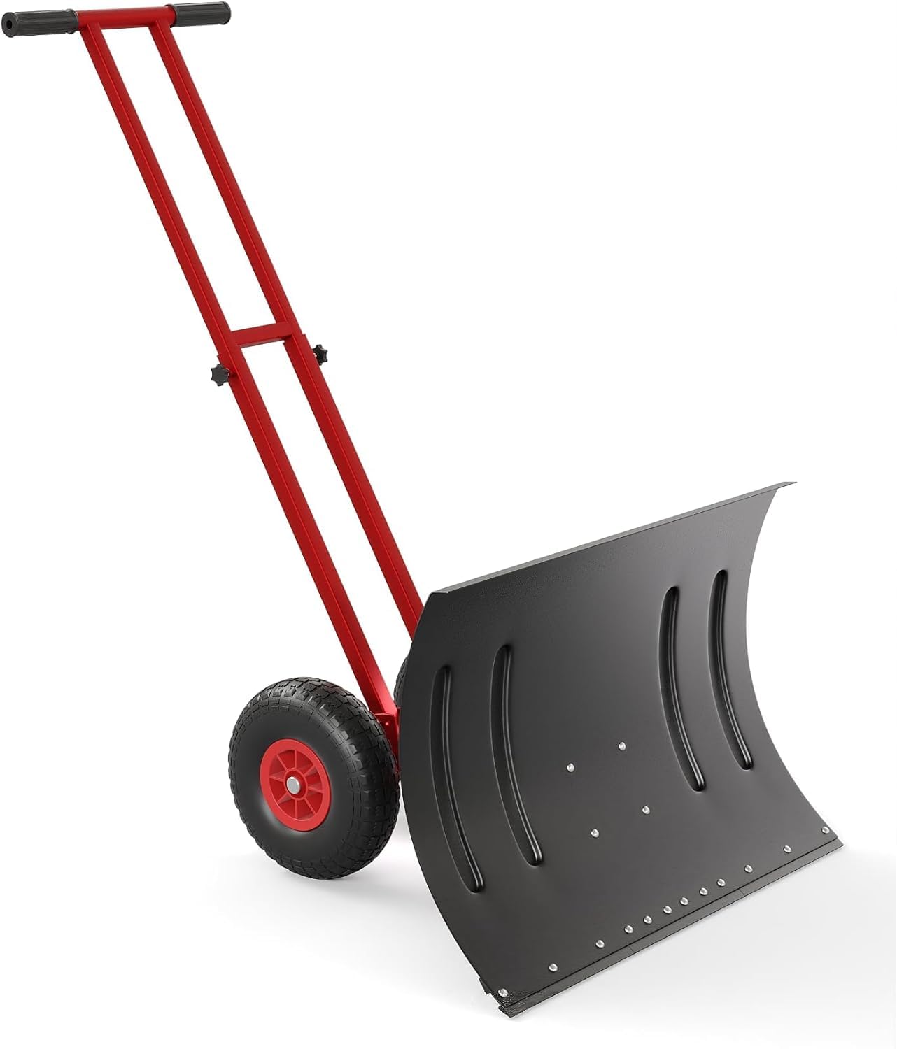 Front. Qeetex - 29" Snow Shovel Pusher with Double Rod, 2-Wheel Heavy Duty Metal Blade & Adjustable Handle for Driveways - Black Red.