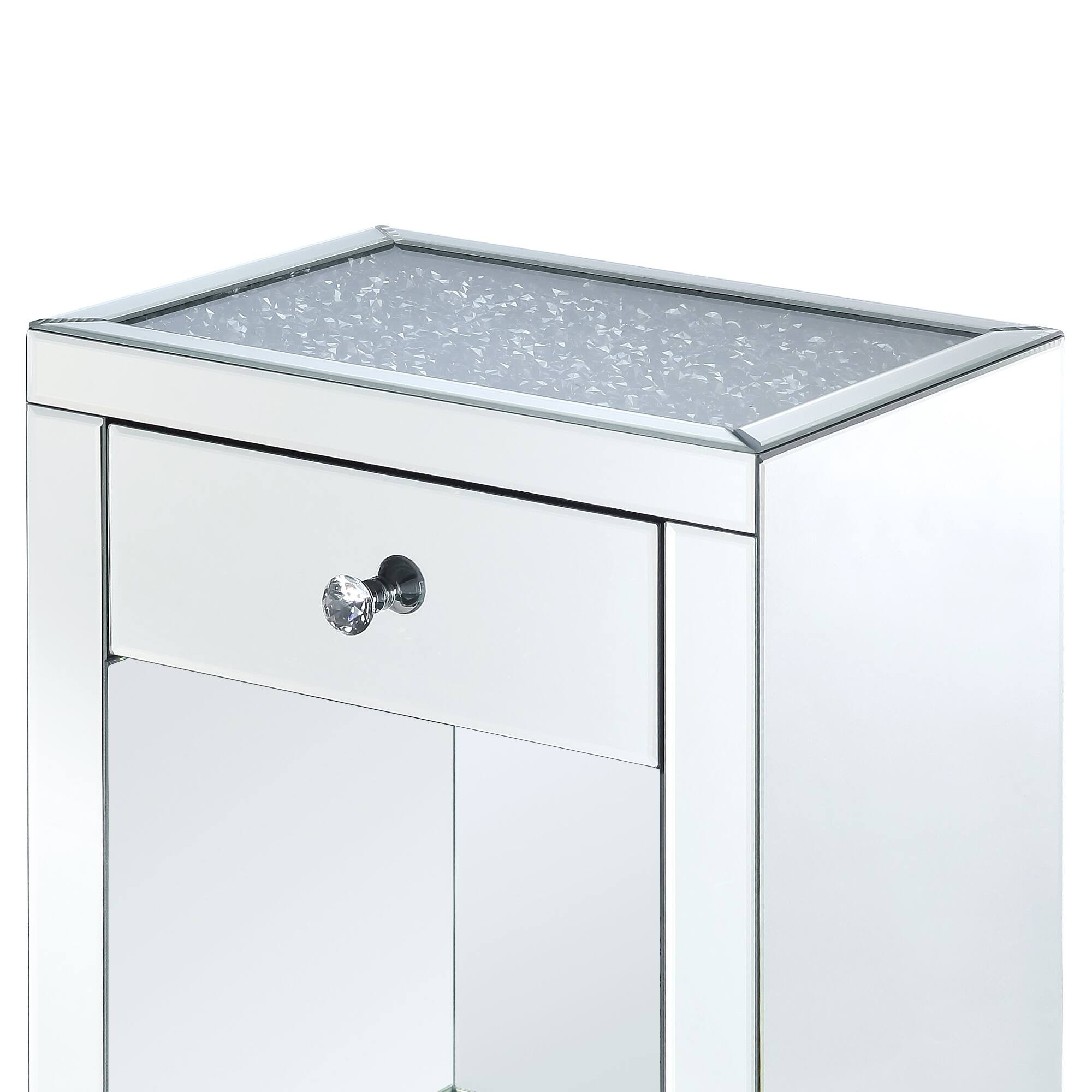 Alt View 3. Manhattan Lane - Mirrored Wooden Night Table with 1 Drawer and Bottom Shelf - Silver.