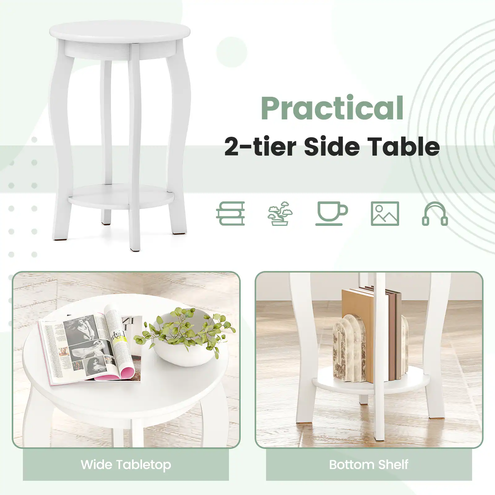 Practical 2-tier Side Table

Wide Tabletop

Bottom Shelf
