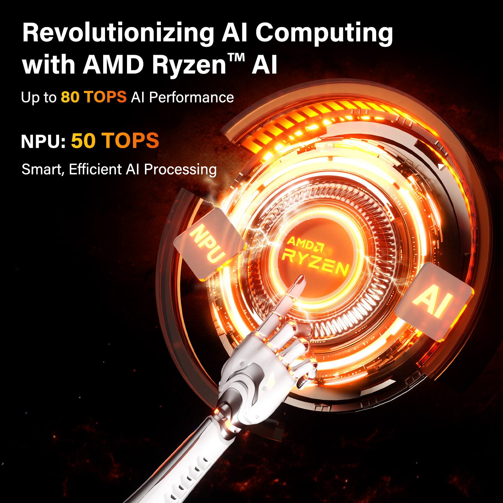 Revolutionizing AI Computing with AMD Ryzen™ AI

Up to 80 TOPS AI Performance

NPU: 50 TOPS

Smart, Efficient AI Processing