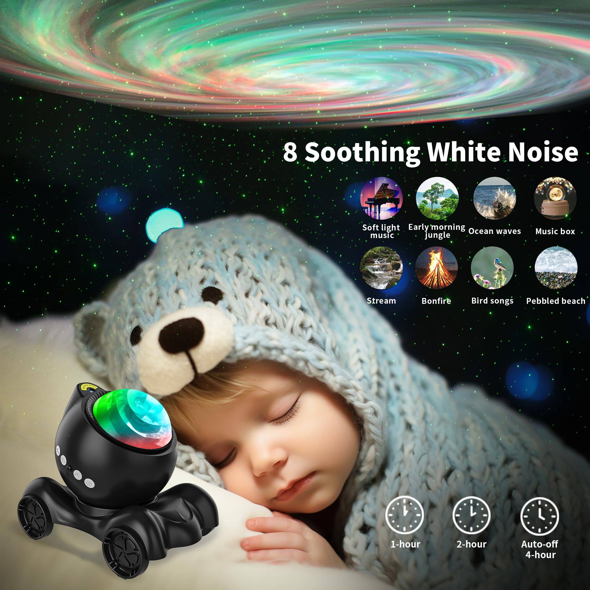 8 Soothing White Noise

- Soft light music
- Early morning jungle
- Ocean waves
- Music box
- Stream
- Bonfire
- Bird songs
- Pebbled beach

1-hour, 2-hour, Auto-off, 4-hour