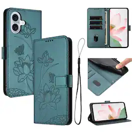 Dteck - Shockproof Wallet Phone Case for Apple iPhone 17 with Detachable Wrist Strap, Protective PU Leather Folio Stand Cover - Darkgreen