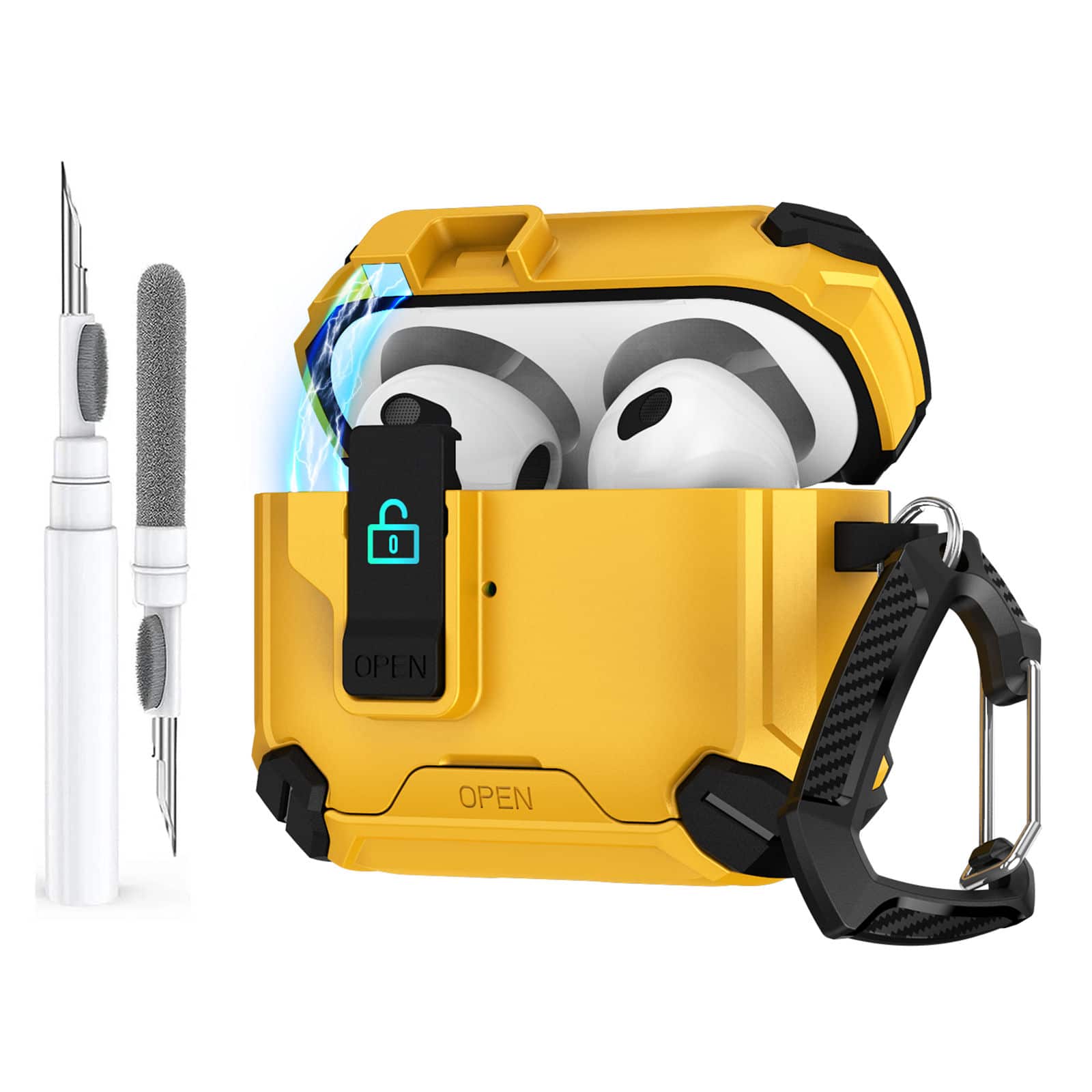 Dteck - For Airpods Pro 3rd Gen (2025) Rugged Secure Lock Shockproof Case With Keychain+Clean Pen - Yellow