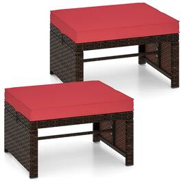 Gymax - Set of 2 Patio PE Rattan Ottomans w/ Soft Zippered Cushions for Deck Outdoor Red - Mix Brown, Red