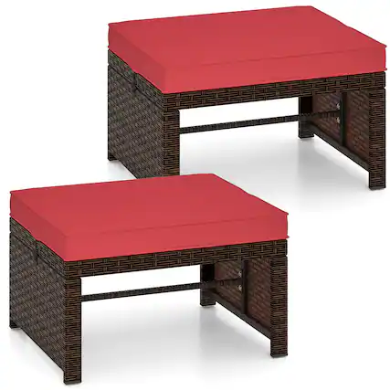 Front. Gymax - Gymax Set of 2 Patio PE Rattan Ottomans w/ Soft Zippered Cushions for Deck Outdoor Red - Mix Brown, Red.
