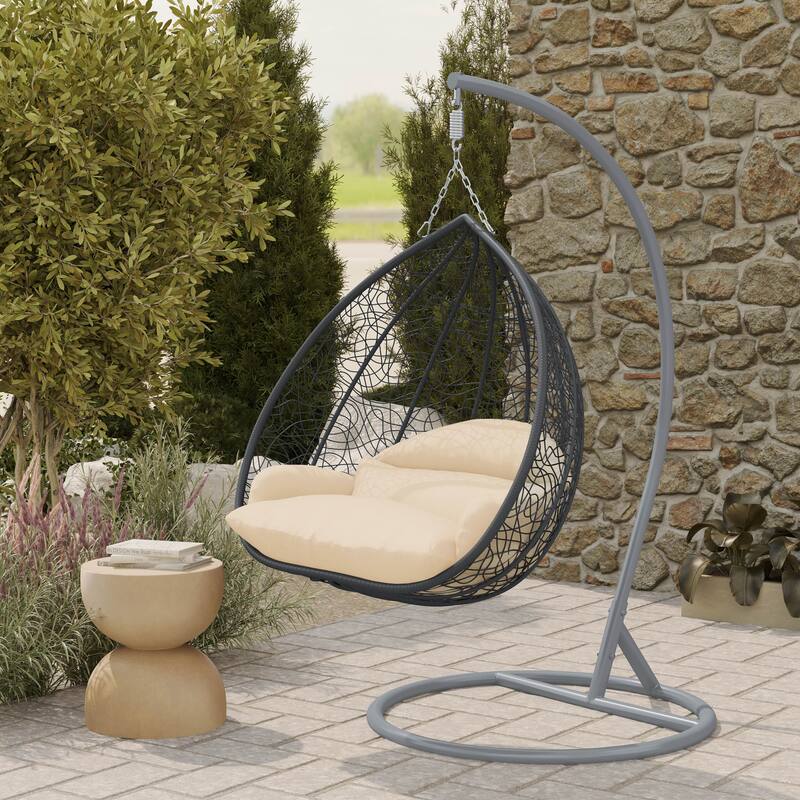 Angle. LeisureMod - LeisureMod Recluse Grey Wicker Hanging Egg Chair with Stand, Modern Indoor Outdoor Patio Swing, 440lb Capacity - Cream.