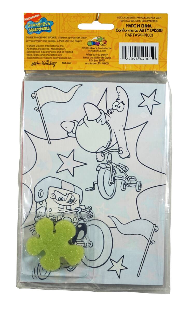 **Nickelodeon SpongeBob SquarePants**

**To Use Fingerpaint Sponge:**
1. Dampen sponge with water.
2. Press finger onto sponge.
3. Paint with your finger!

**2008 Viacom International Inc. All Rights Reserved. Nickelodeon, 2008 Elmer's Products, Inc. SpongeBob SquarePants and all related titles, logos and characters are trademarks of Viacom International Inc.**

**Write the Giddy Up Gang:**
- P.O. Box 3675
- Ann Arbor, MI 48106

**Sizes, contents, and colors may vary. Bottled water is recommended.**

**Made in China. Conforms to ASTM D4236**

**Part #9444001**

**8 24094 44001 2**