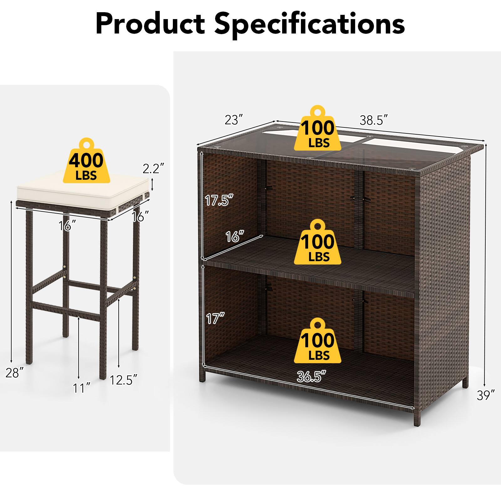 Product Specifications

- 400 LBS
- 2.2" 
- 23" 
- 100 LBS
- 38.5" 
- 16" 
- 16" 
- 17.5" 
- 16" 
- 100 LBS
- 28" 
- 11" 
- 12.5" 
- 17" 
- 100 LBS
- 36.5" 
- 39"