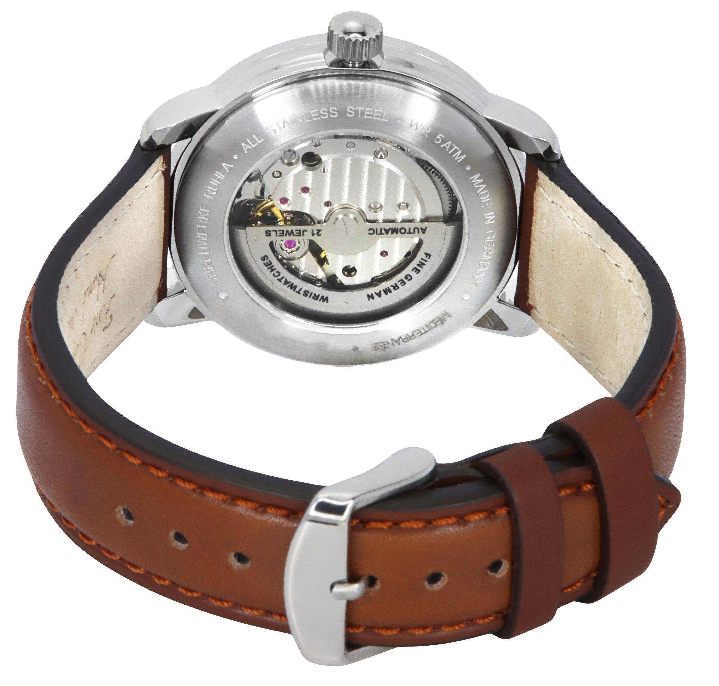 STAINLESS STEEL - WR 5ATM  
MADE IN GERMANY  
Ruhla  
21 JEWELS  
AUTOMATIC  
MEDITERRANEE  
GERMANY  
Wristwatch