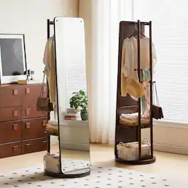 Whisen - 360° Rotating Full Length Standing Mirror with Integrated Coat Rack and Storage Shelves for Home - Walnut