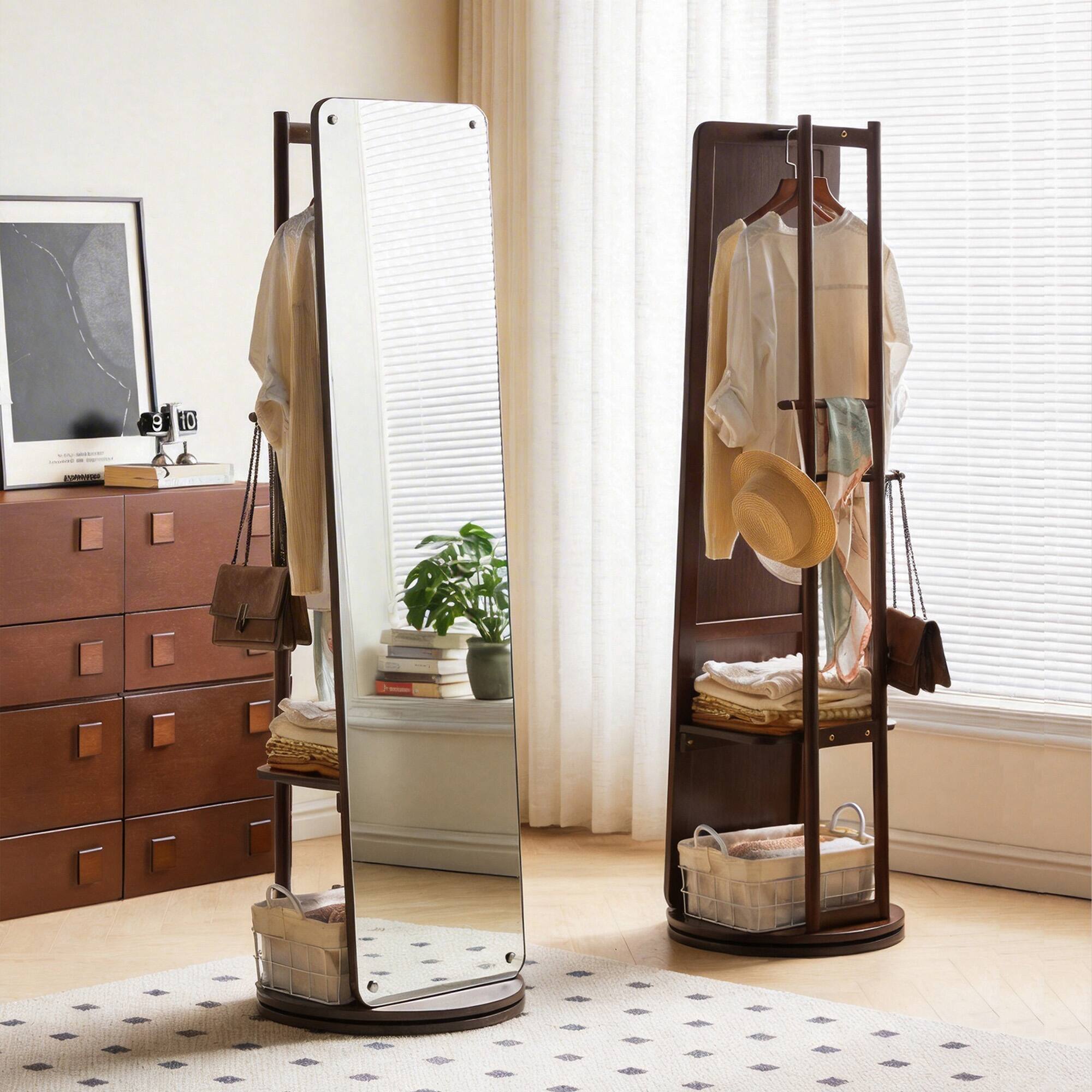 Front. Whisen - 360° Rotating Full Length Standing Mirror with Integrated Coat Rack and Storage Shelves for Home - Walnut.